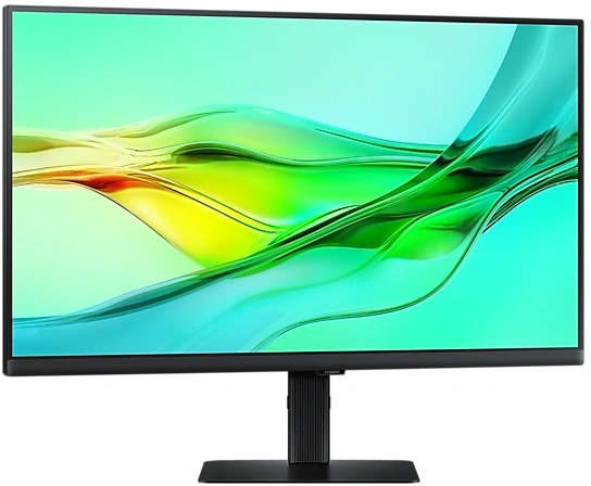 Zwarte computermonitor met een modern ontwerp. Het scherm toont een groen-gele gradiënt.