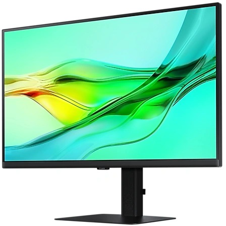 Moderne monitor met groen en geel display op zwart statief.