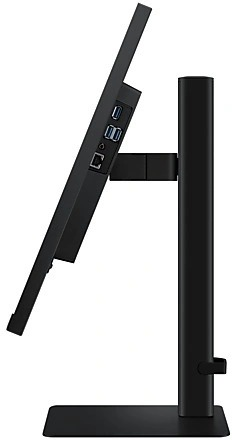 Zwarte computermonitor op een standaard, zijaanzicht, met zichtbare poorten. Het scherm is gekanteld.