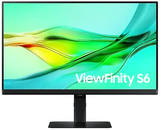 Een zwarte monitor met een dunne rand, met een kleurrijke abstracte achtergrond en de woorden "ViewFinity S6".