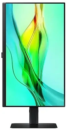 Een verticale computermonitor met een groene en witte abstracte afbeelding op het scherm. De monitor heeft een zwarte standaard.