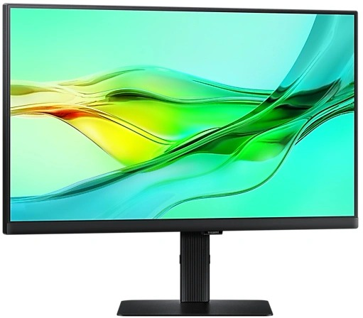 Zwarte computermonitor met een breed scherm, op een zwarte standaard.