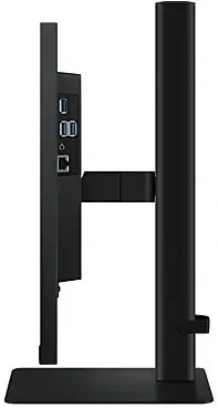 Zwart computermonitor zijaanzicht, met poorten en standaards.