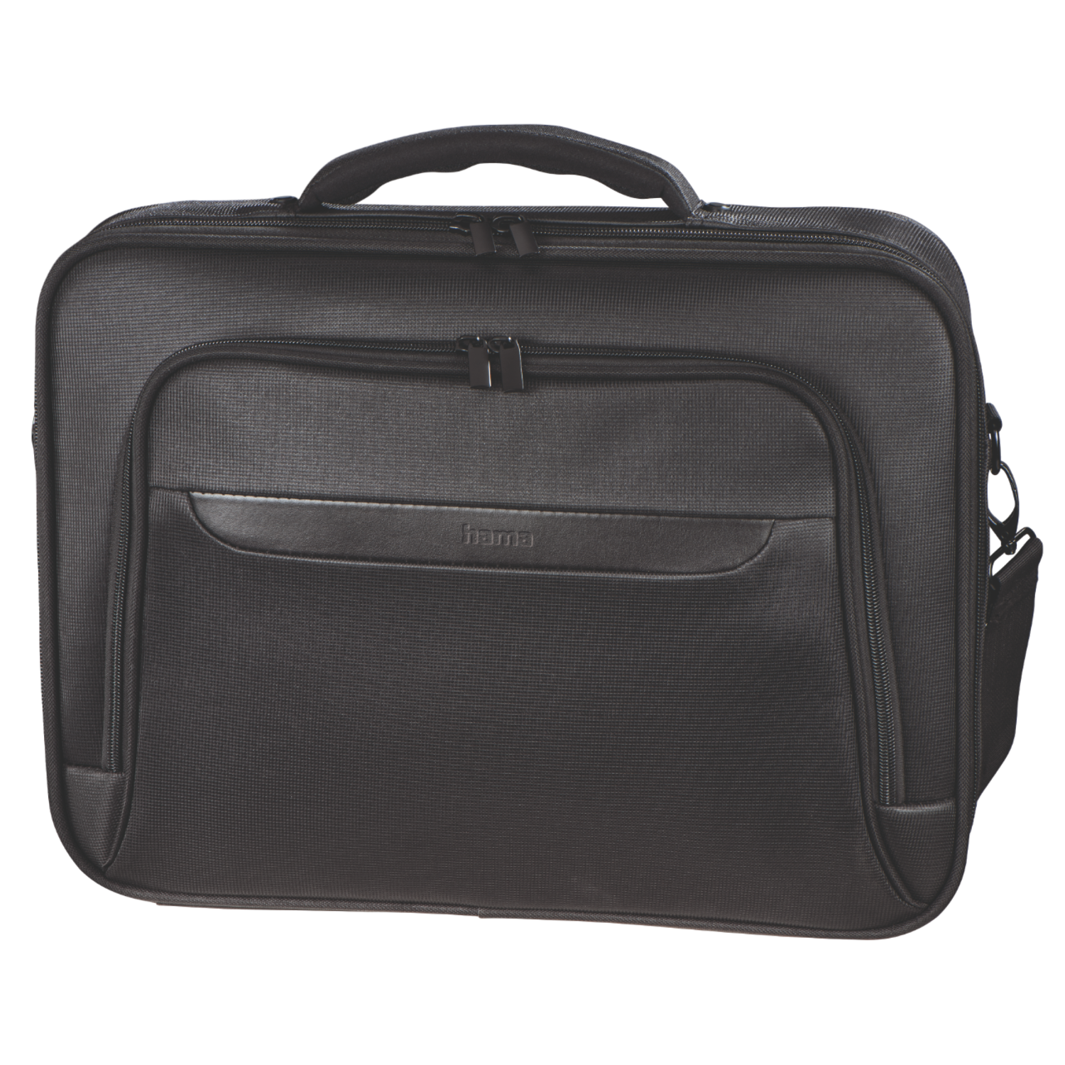 Black Hama laptop bag. Rectangular shape with a handle and a front pocket. Plain black surface.