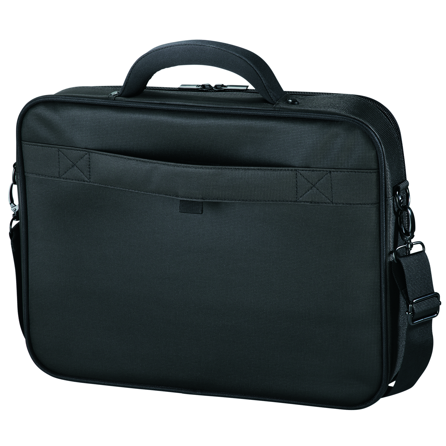 A black briefcase with a handle, a shoulder strap, and a front pocket. The briefcase is closed.
