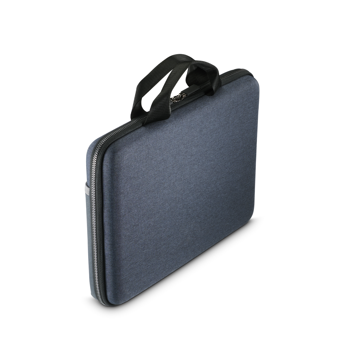 Blue laptop case with a handle, isolated on white.