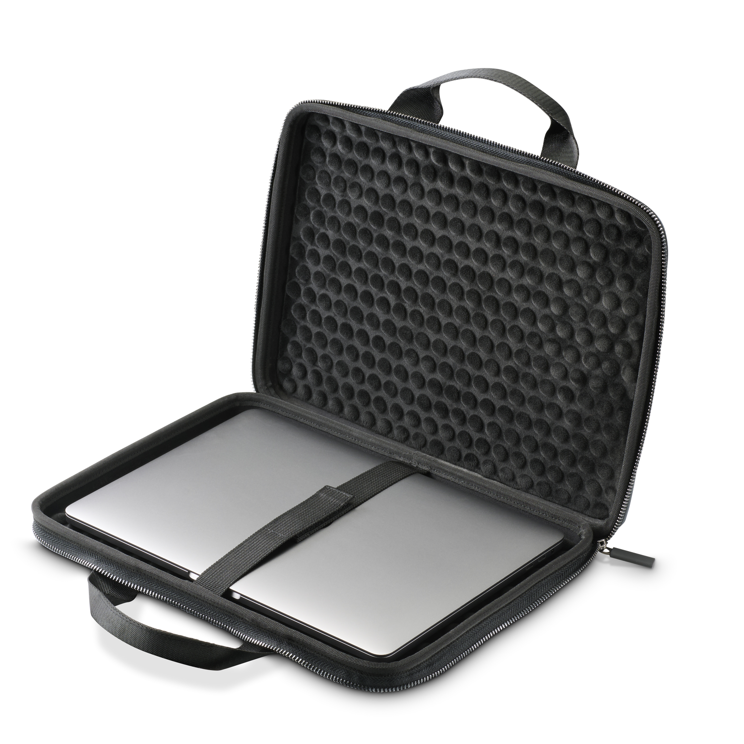 Black laptop case open. Inside is a laptop secured by a strap.