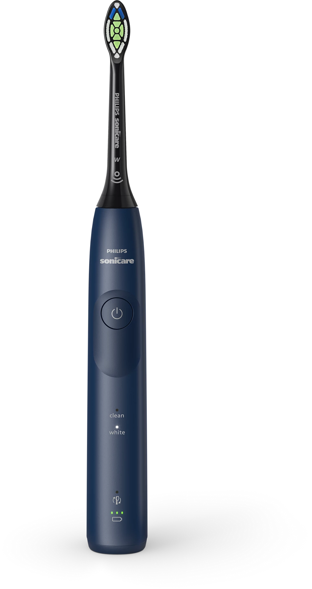 Kék-fekete elektromos fogkefe a Philips Sonicare logóval fekete háttéren.