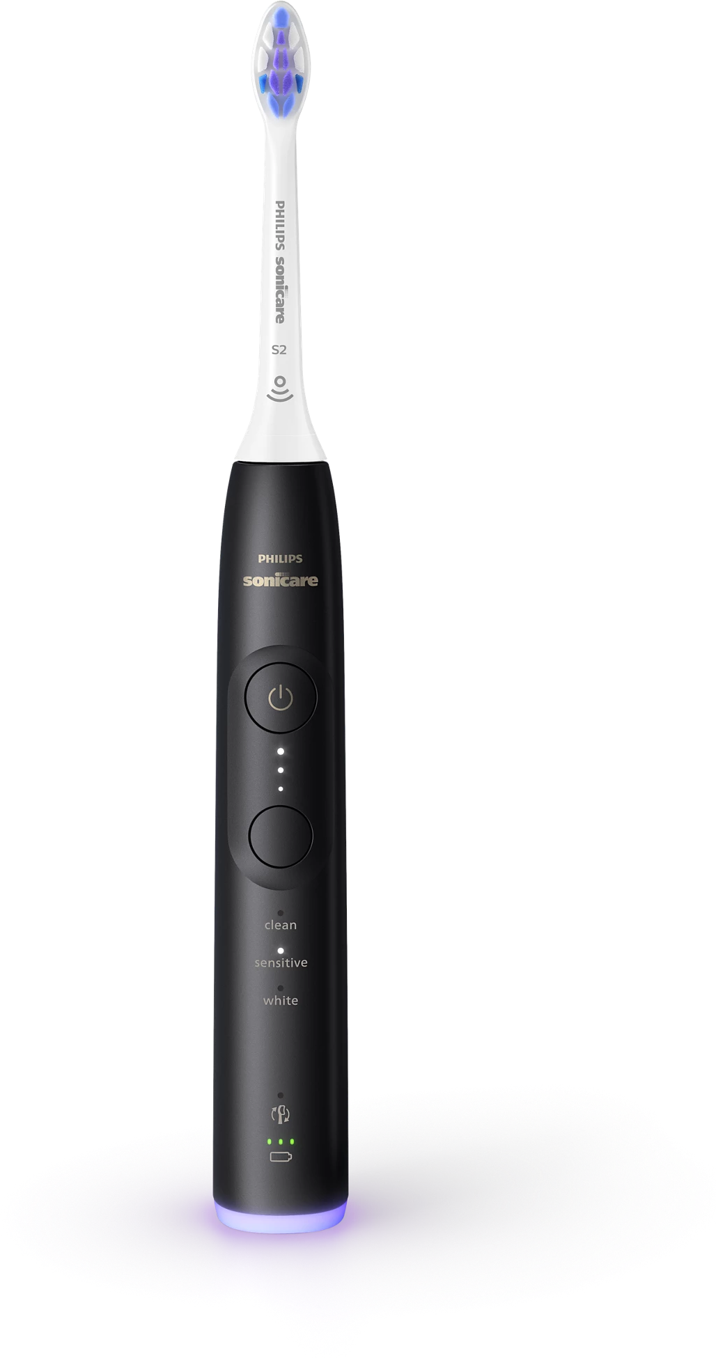 Fekete-fehér Philips Sonicare elektromos fogkefe, kék kefefejjel.