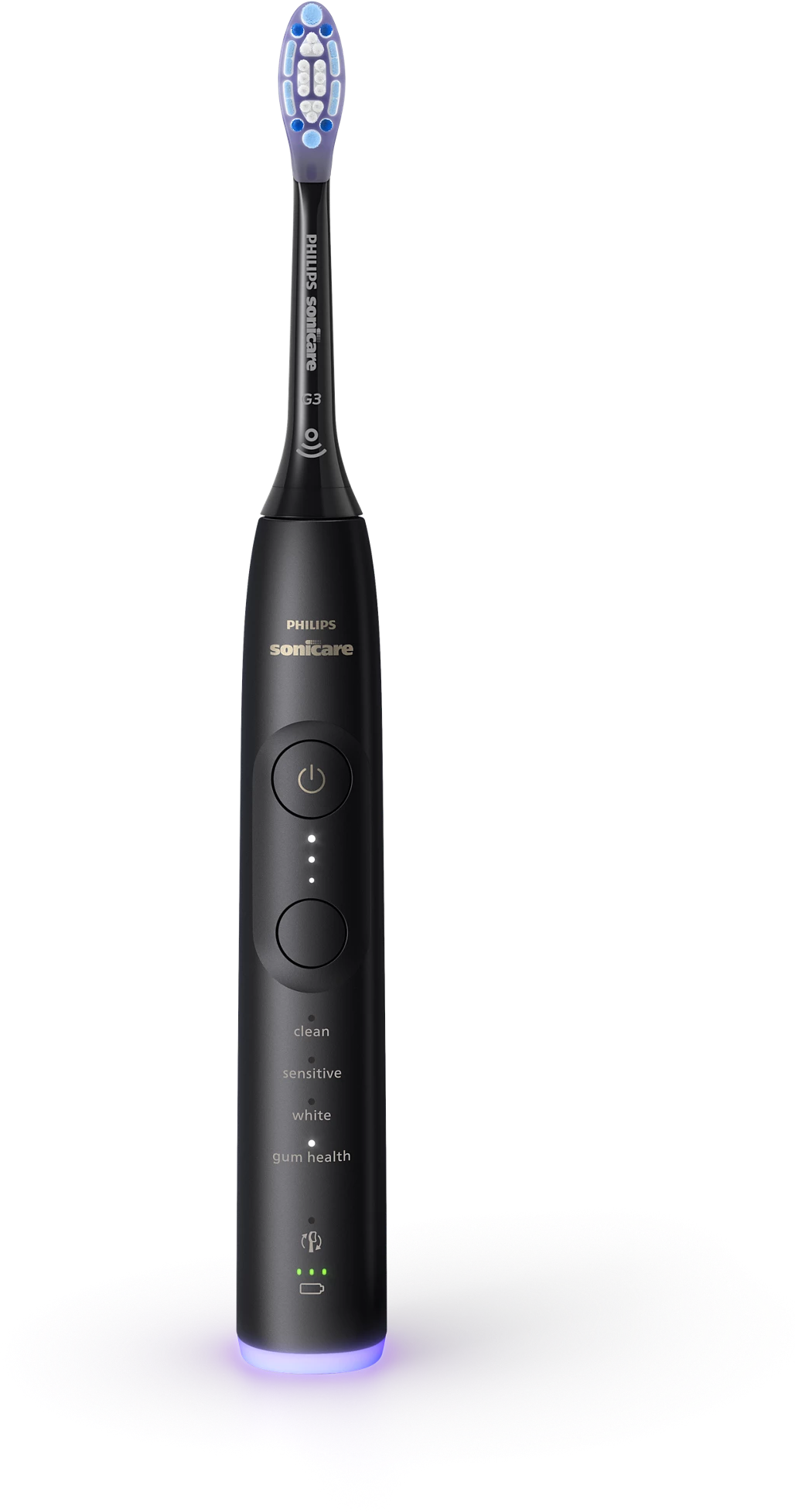Fekete Philips Sonicare fogkefe különböző funkciógombokkal és kék fénnyel az alján.