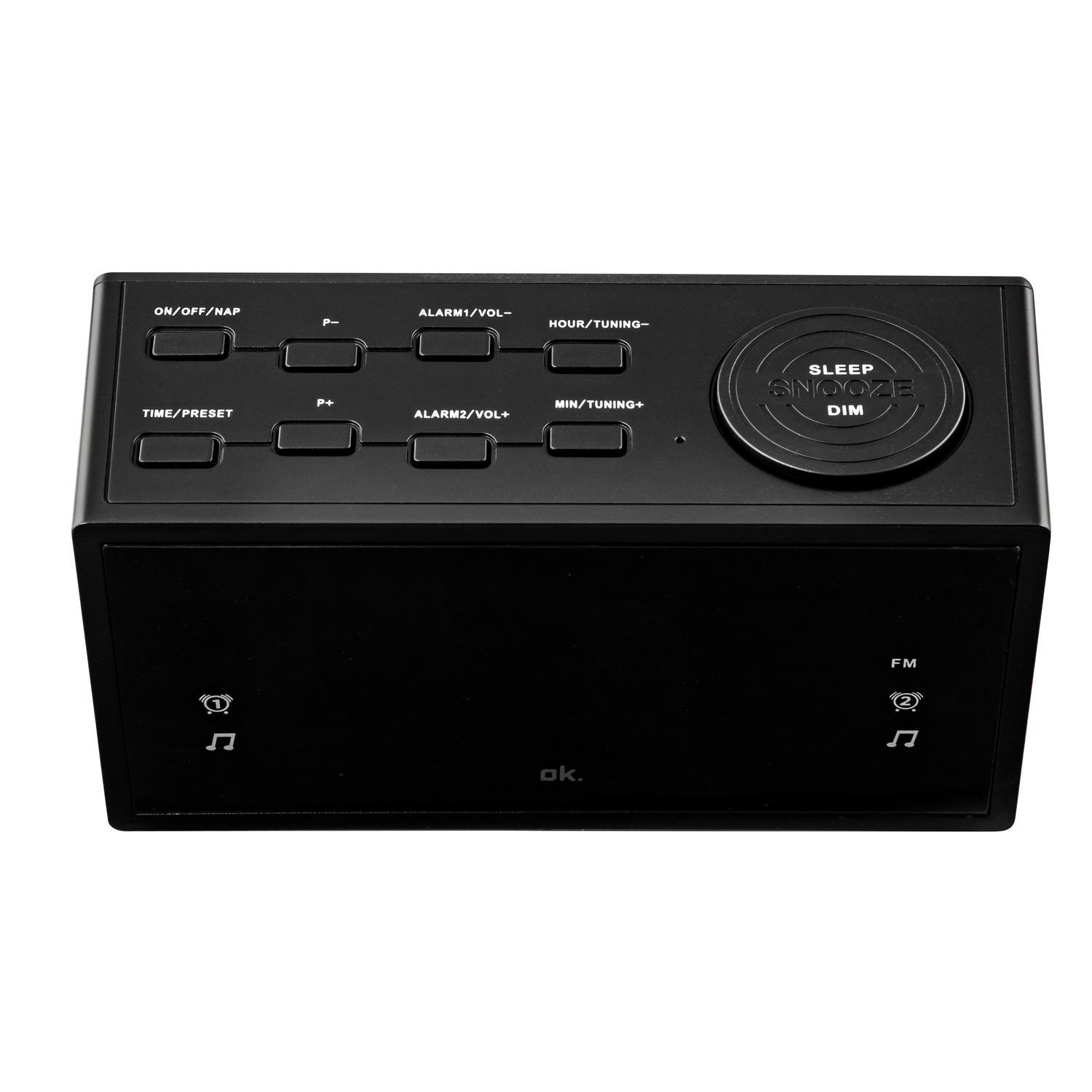 A black digital alarm clock, featuring buttons for time settings, alarms, and a snooze function.