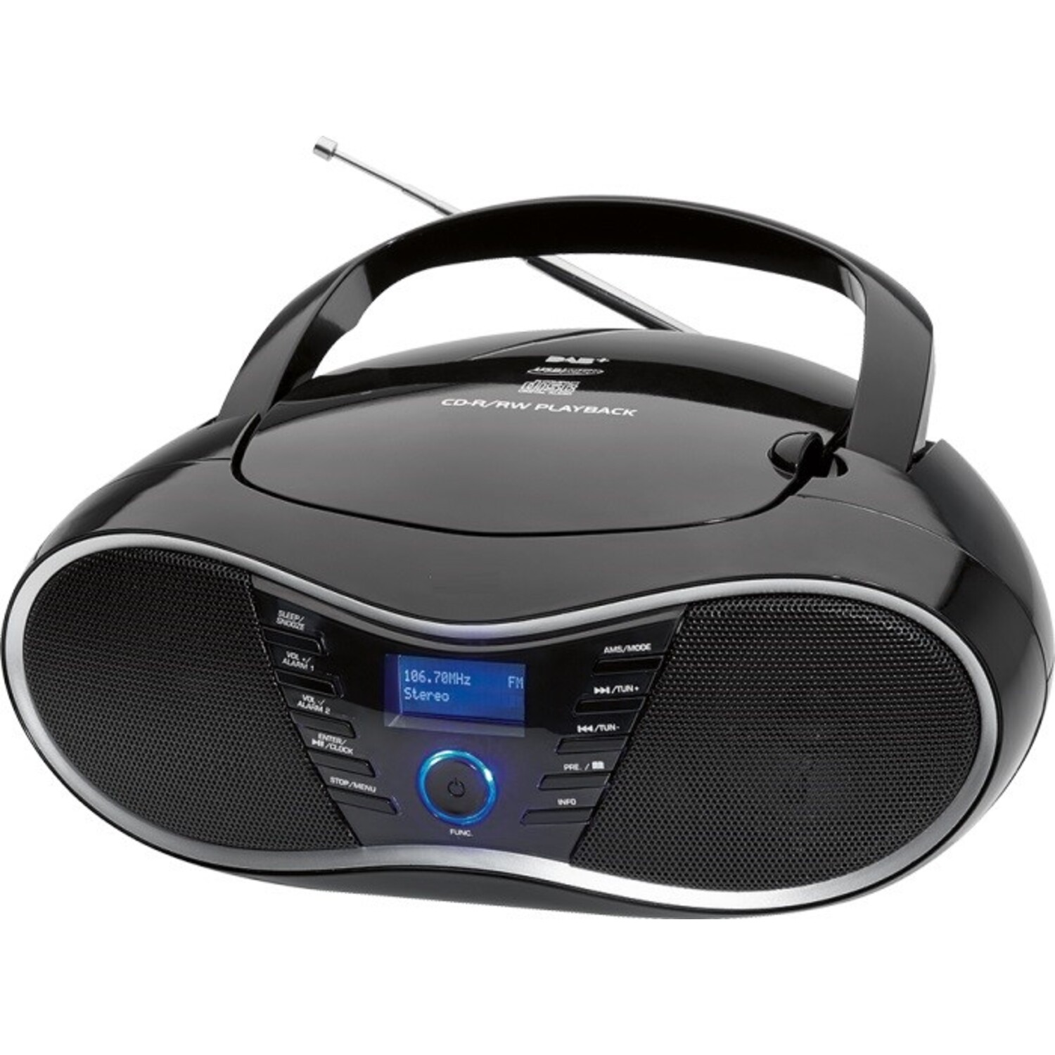 Zwarte boombox radio met speakers, display en handvat, op een witte achtergrond.