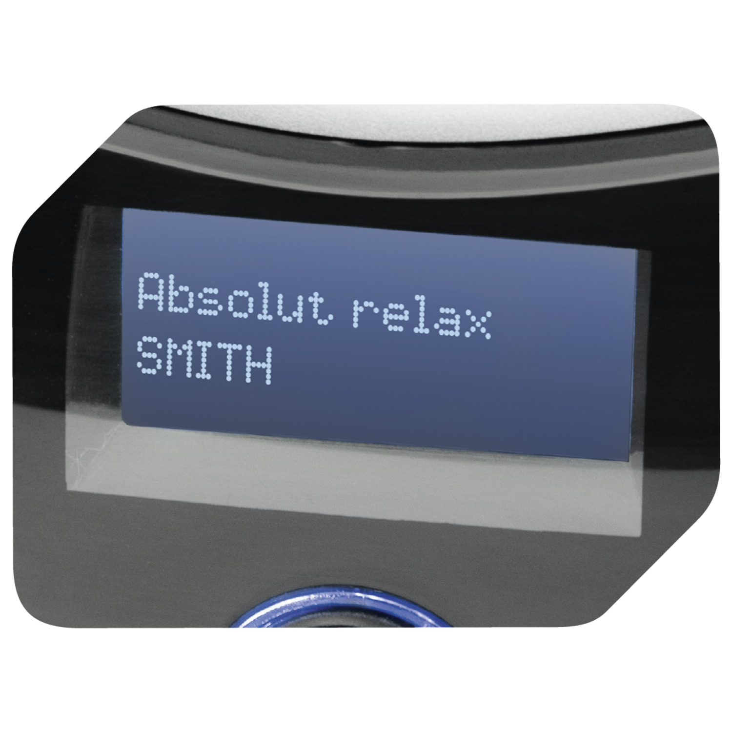 Een apparaatscherm toont "Absolut. relax" en "SMITH" op een donkerblauwe achtergrond.