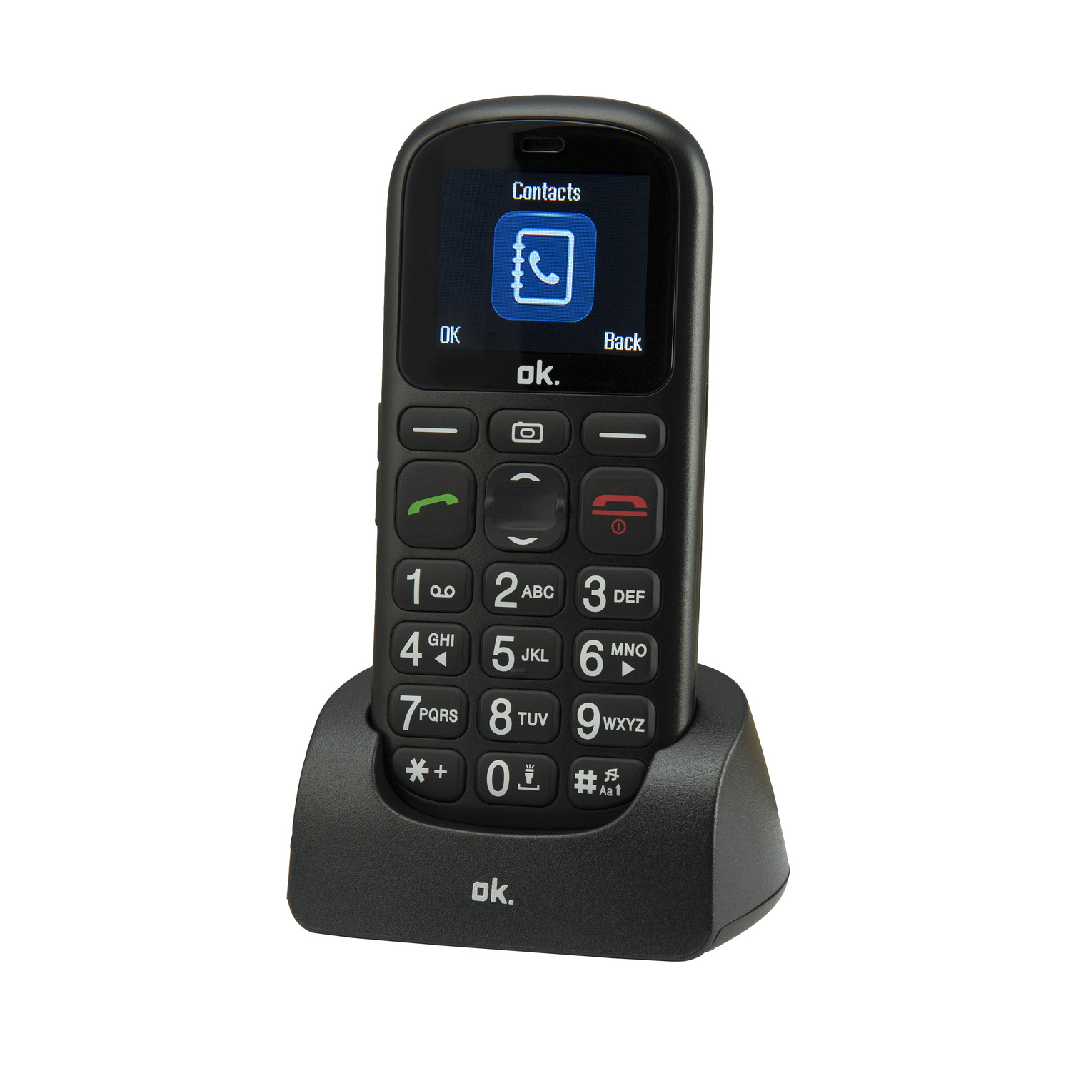 Zwarte mobiele telefoon met grote knoppen en een oplaaddock, op een witte achtergrond.