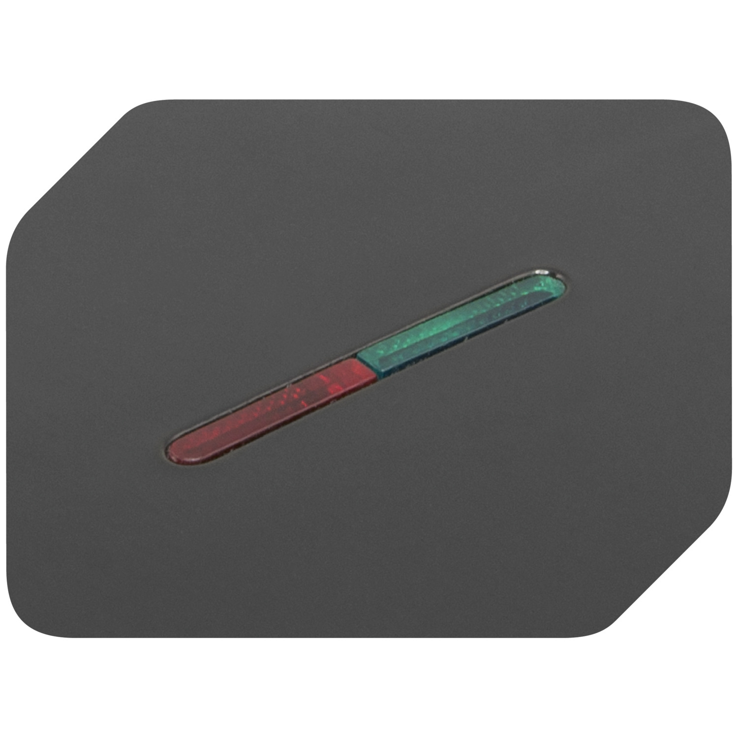 Een zwarte, rechthoekige aan/uit-knop. Het heeft een rood en groen indicatielampje.