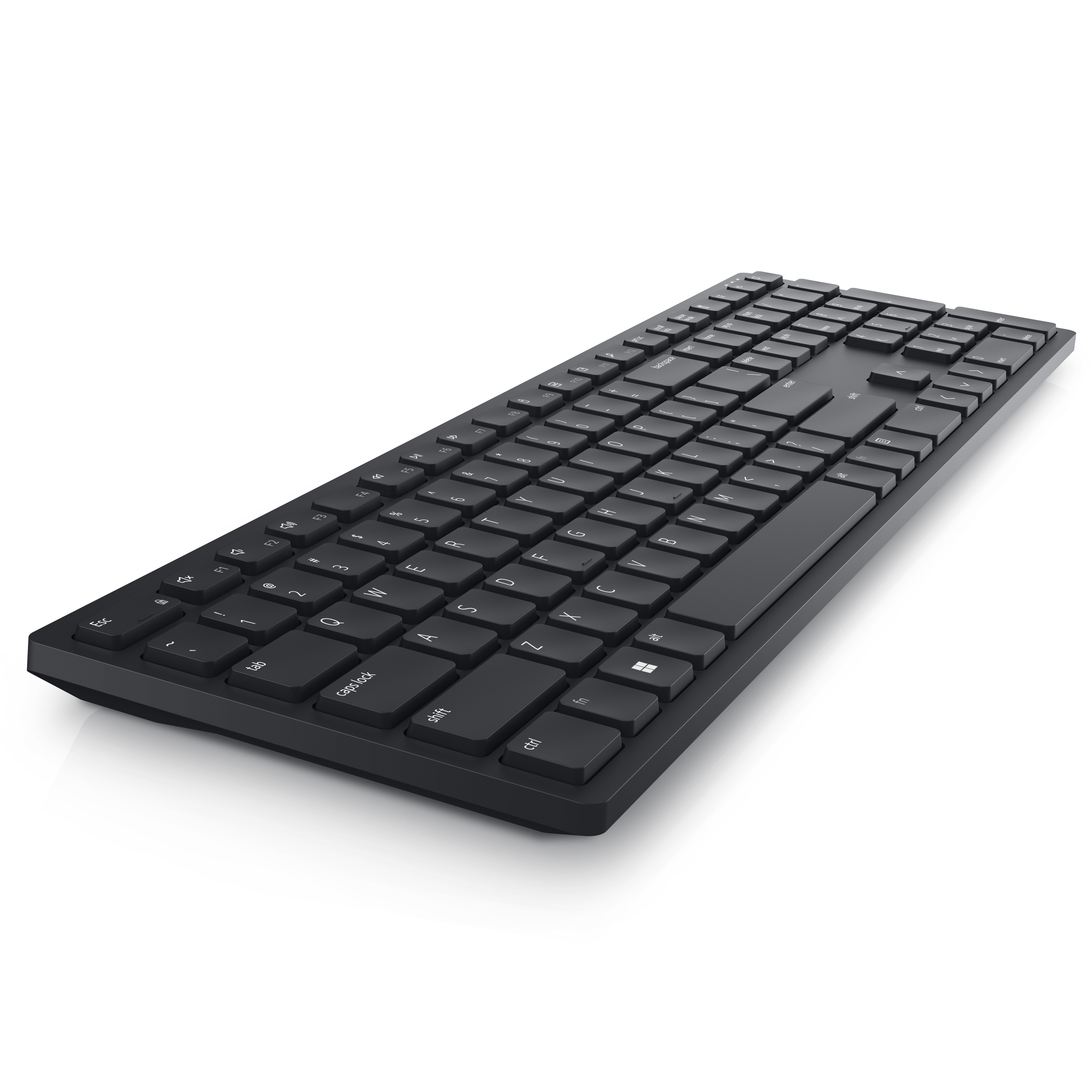 Eine schwarze Tastatur auf weißer Oberfläche. Tasten mit Buchstaben und Symbolen sind sichtbar.