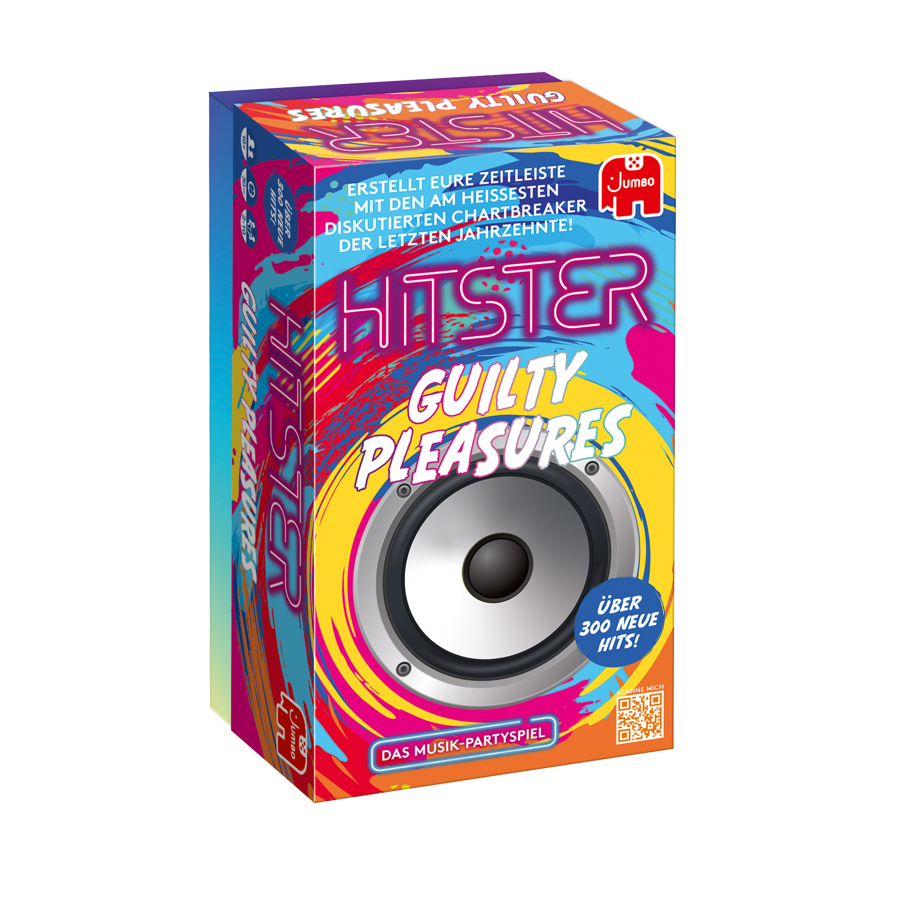 Box des Musikspiels 'Hitster: Guilty Pleasures'. Bunte Farben, Text und Grafik. Party-Spiel-Thema.