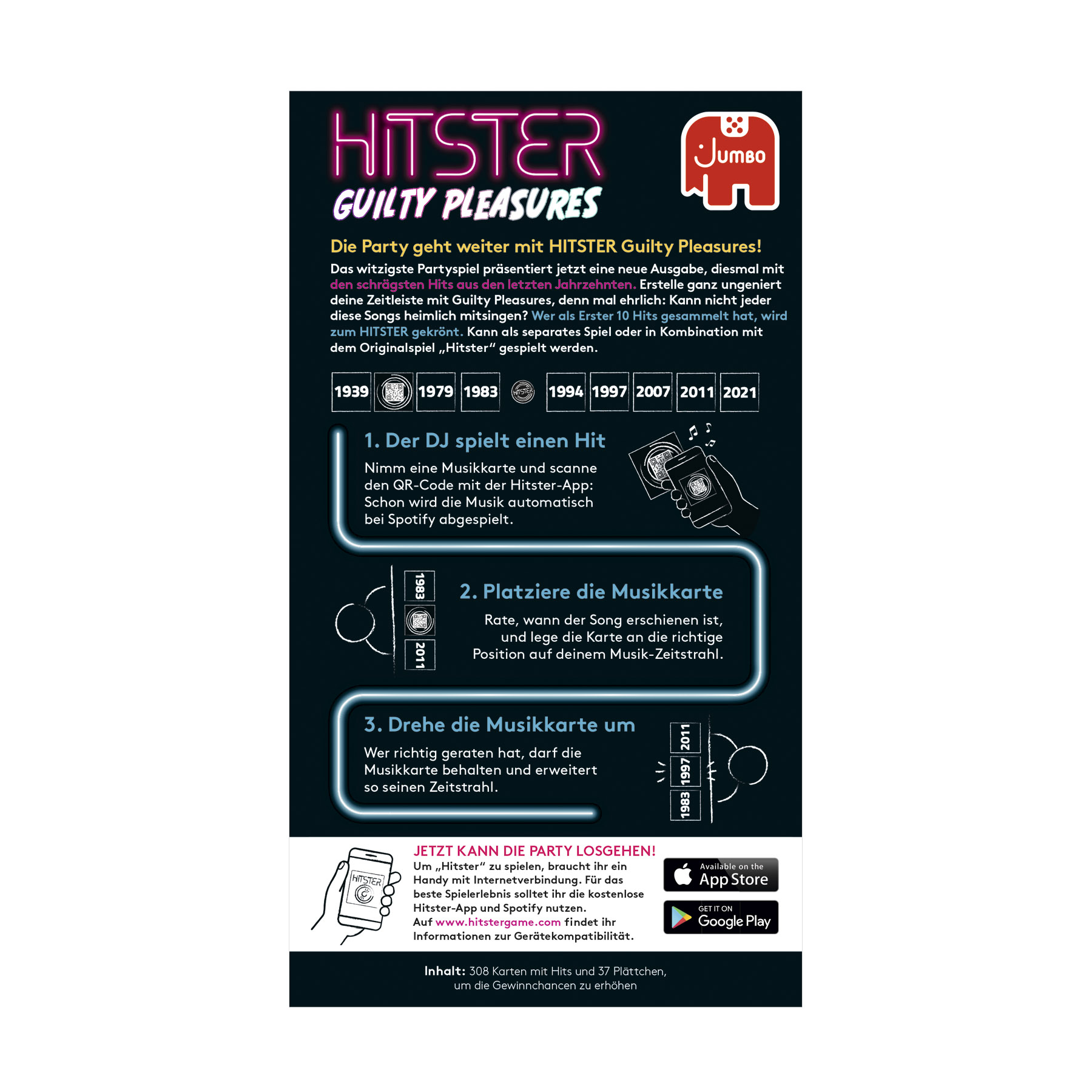 Eine Spielwerbung mit Text und Grafiken, die ein Partyspiel namens 'Hitster' bewirbt.