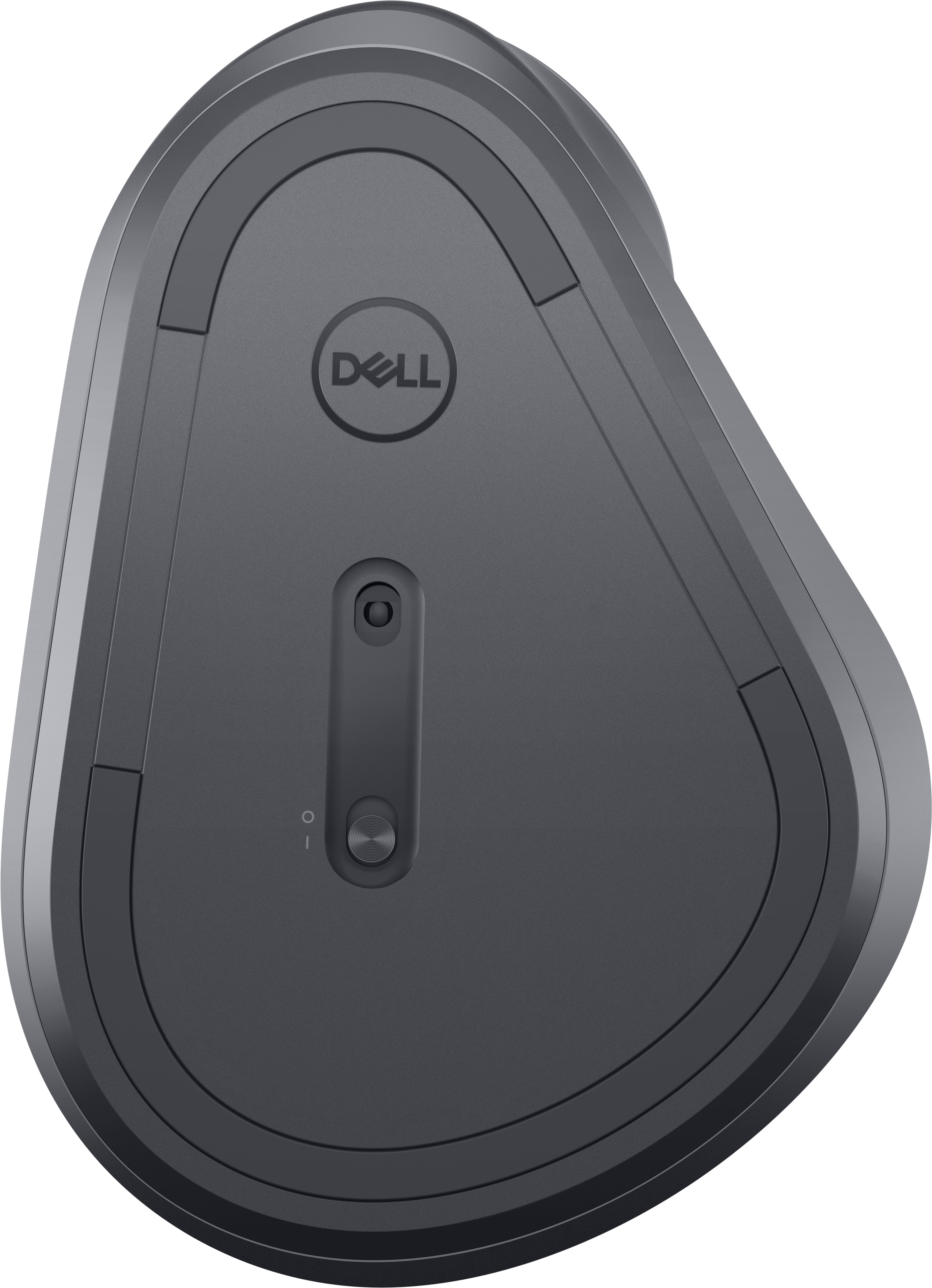 Draufsicht auf eine dunkelgraue Dell-Maus. Sie hat eine Taste, ein Scrollrad und das Dell-Logo.