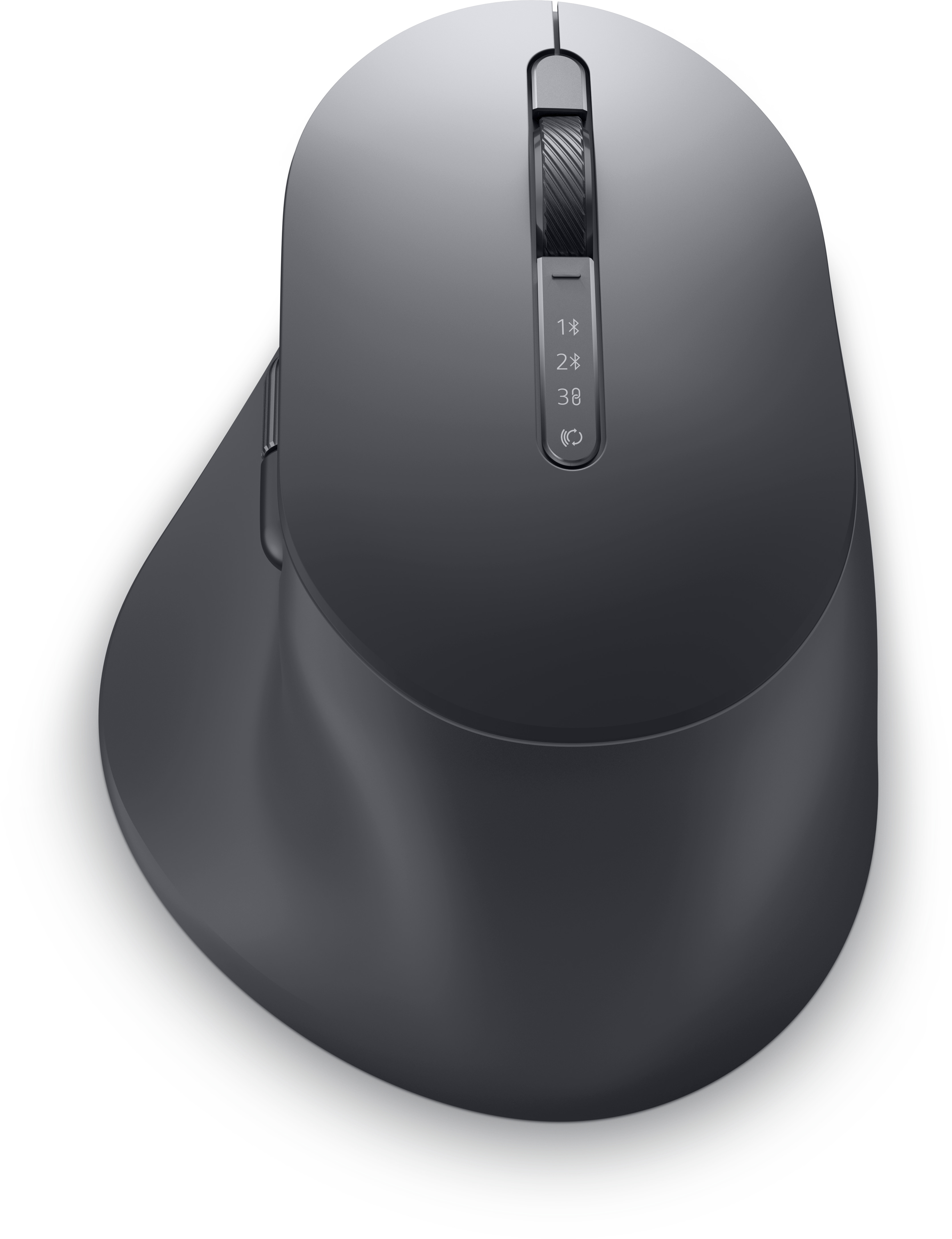Eine graue drahtlose Maus mit Scrollrad und Tasten. Sie liegt auf einer weißen Oberfläche.