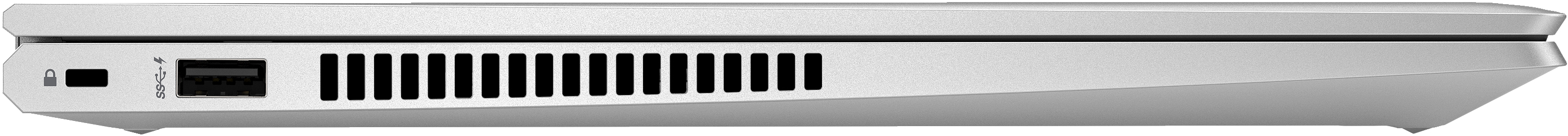 Seitenansicht eines silbernen Laptops mit Anschlüssen und einem Lüfter. Schwarzer USB-Anschluss, Stromanschluss und Lüfter sichtbar.