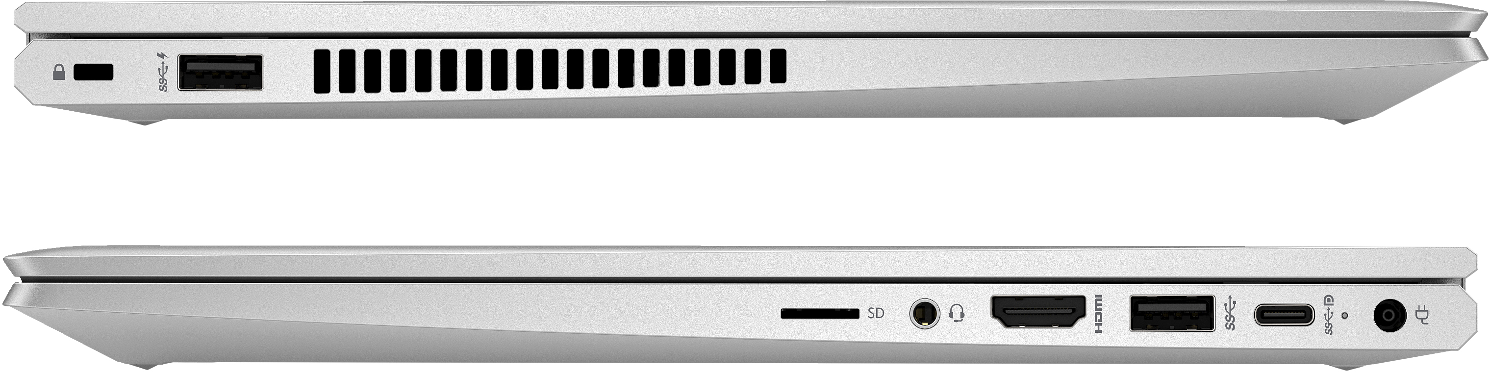 Zwei Seitenansichten eines silbernen Laptops mit Anschlüssen und Lüftungsschlitzen. Der Hintergrund ist weiß.