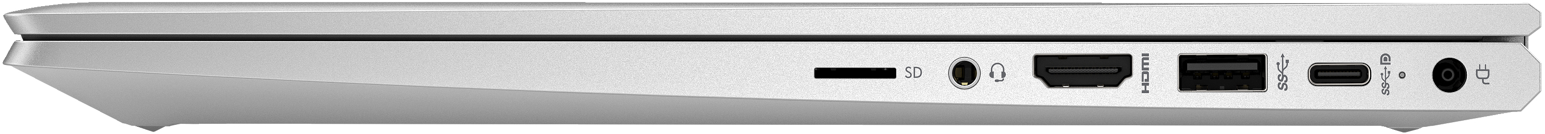 Seitenansicht eines silbernen Laptops mit Anschlüssen: SD, Audio, HDMI, USB und Strom.