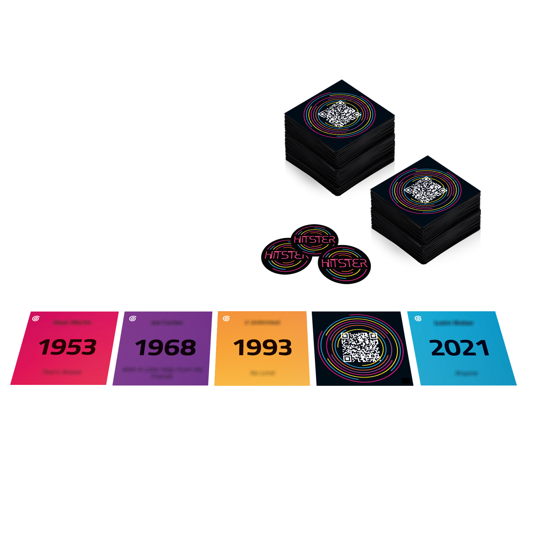 Cards, circles, and QR codes. Years 1953, 1968, 1993, and 2021 on cards. Other discs.