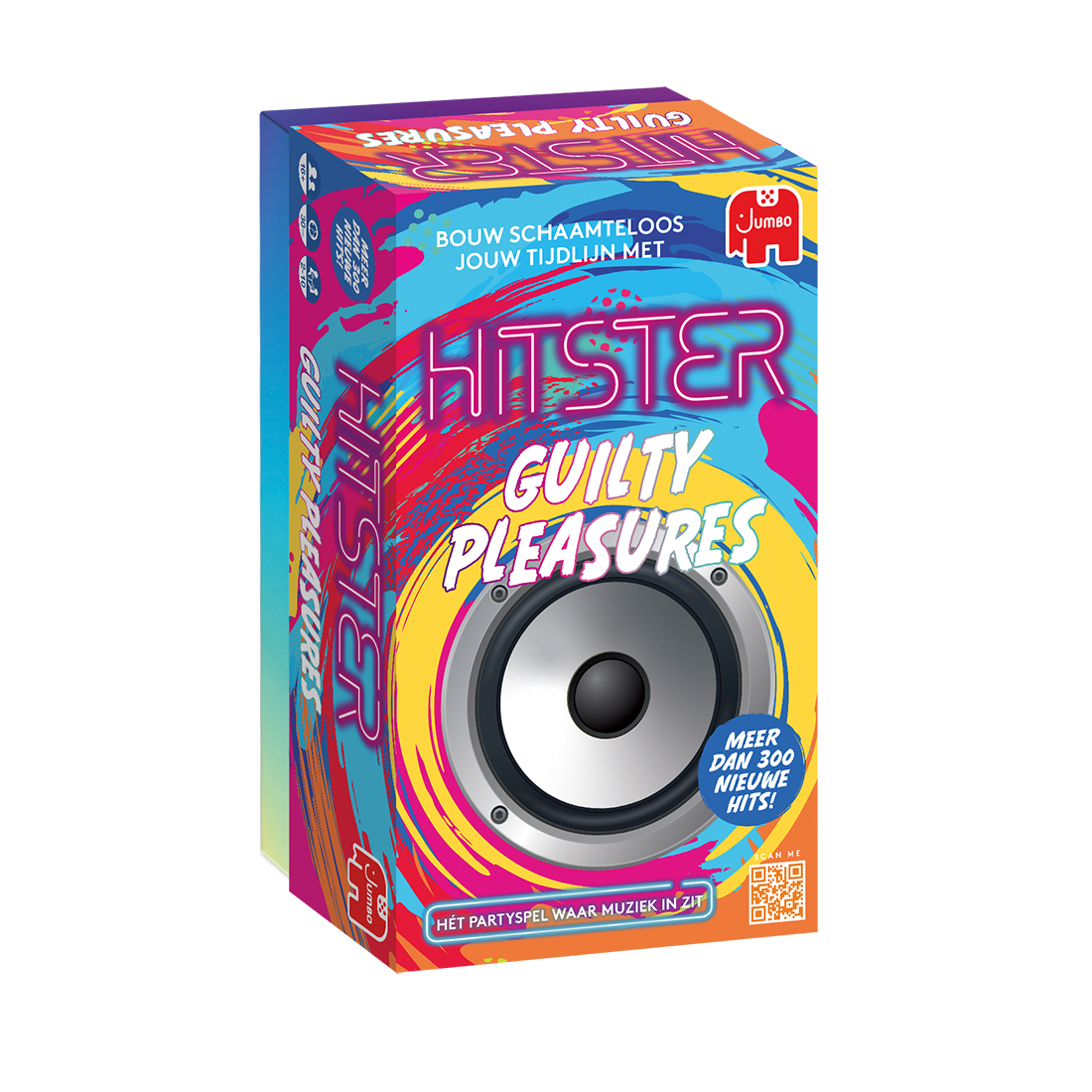 Box of HITSTER: Guilty Pleasures game, colorful design with a speaker graphic. White background.