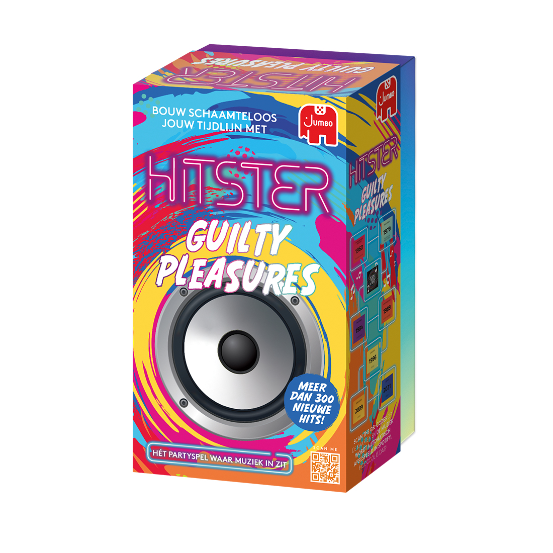 Box with a speaker graphic and text, 'Hitster Guilty Pleasures'. Red and blue colors.