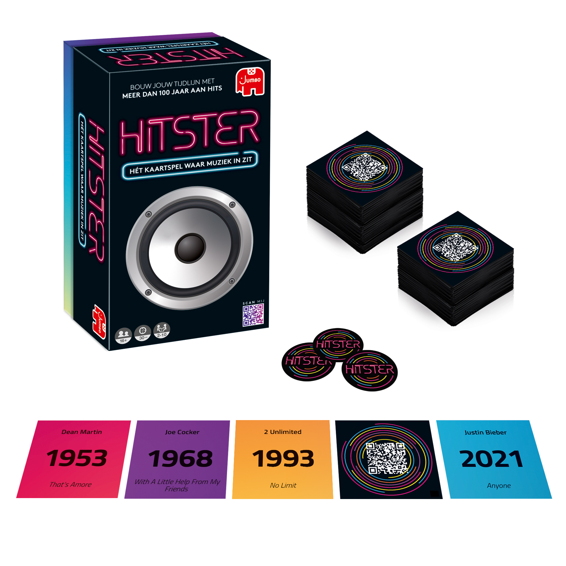 Board game with cards and game pieces, box shows the game's name and speaker.