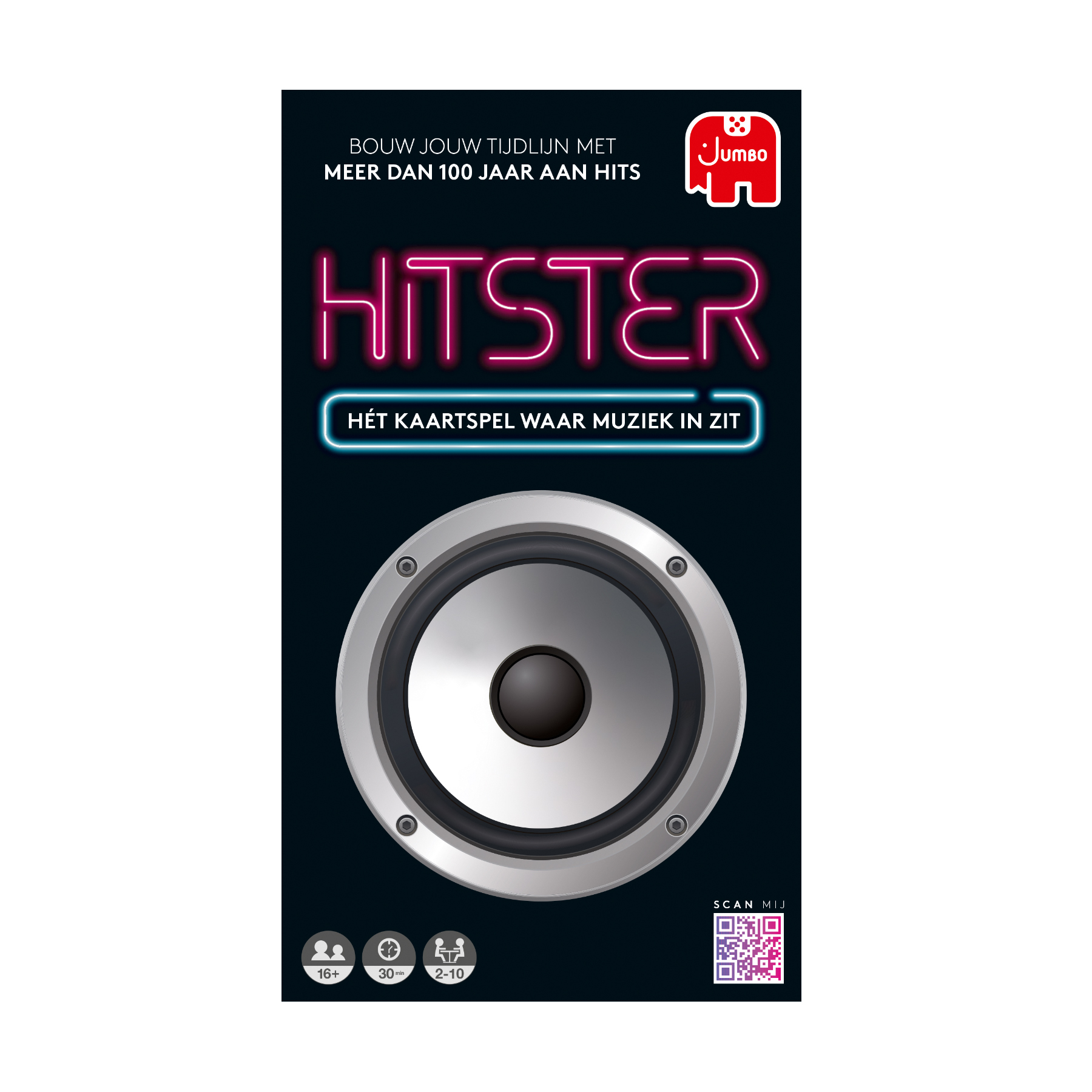 Hitster card game box with a speaker graphic and text.