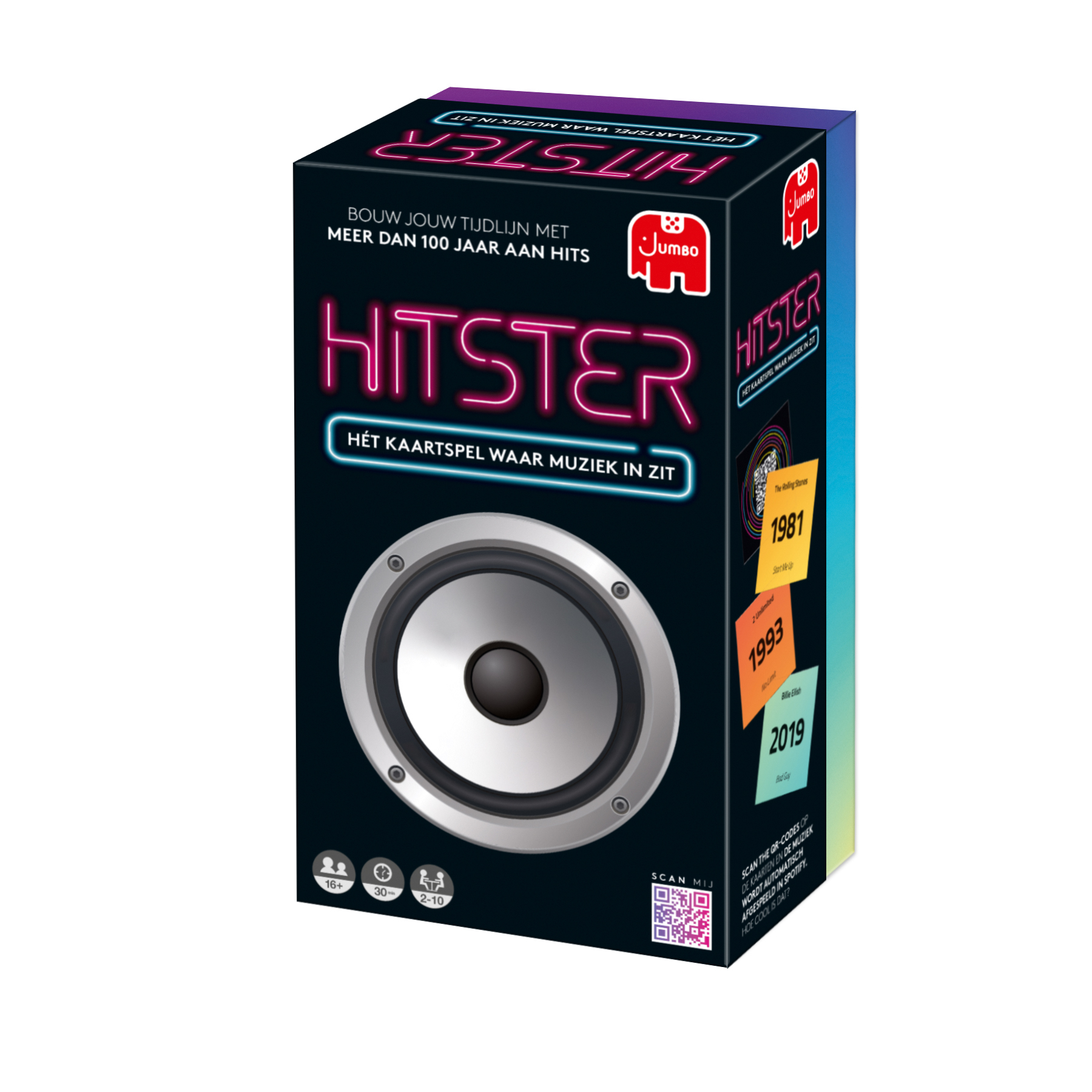 Box for a card game, labeled 'Hitster', with an image of a speaker and a neon design.