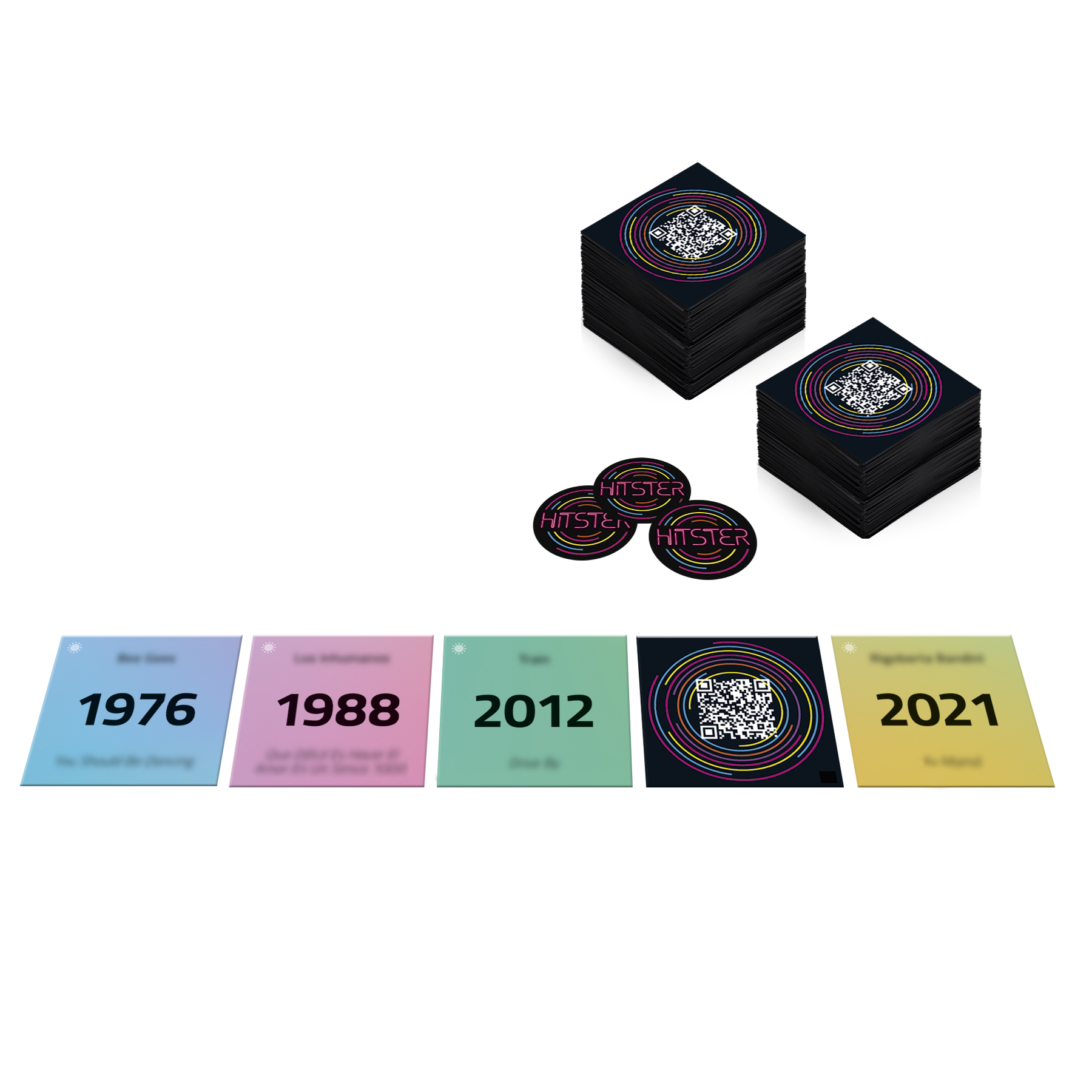 Hitster game with cards and discs. The cards have years and the discs have QR codes.