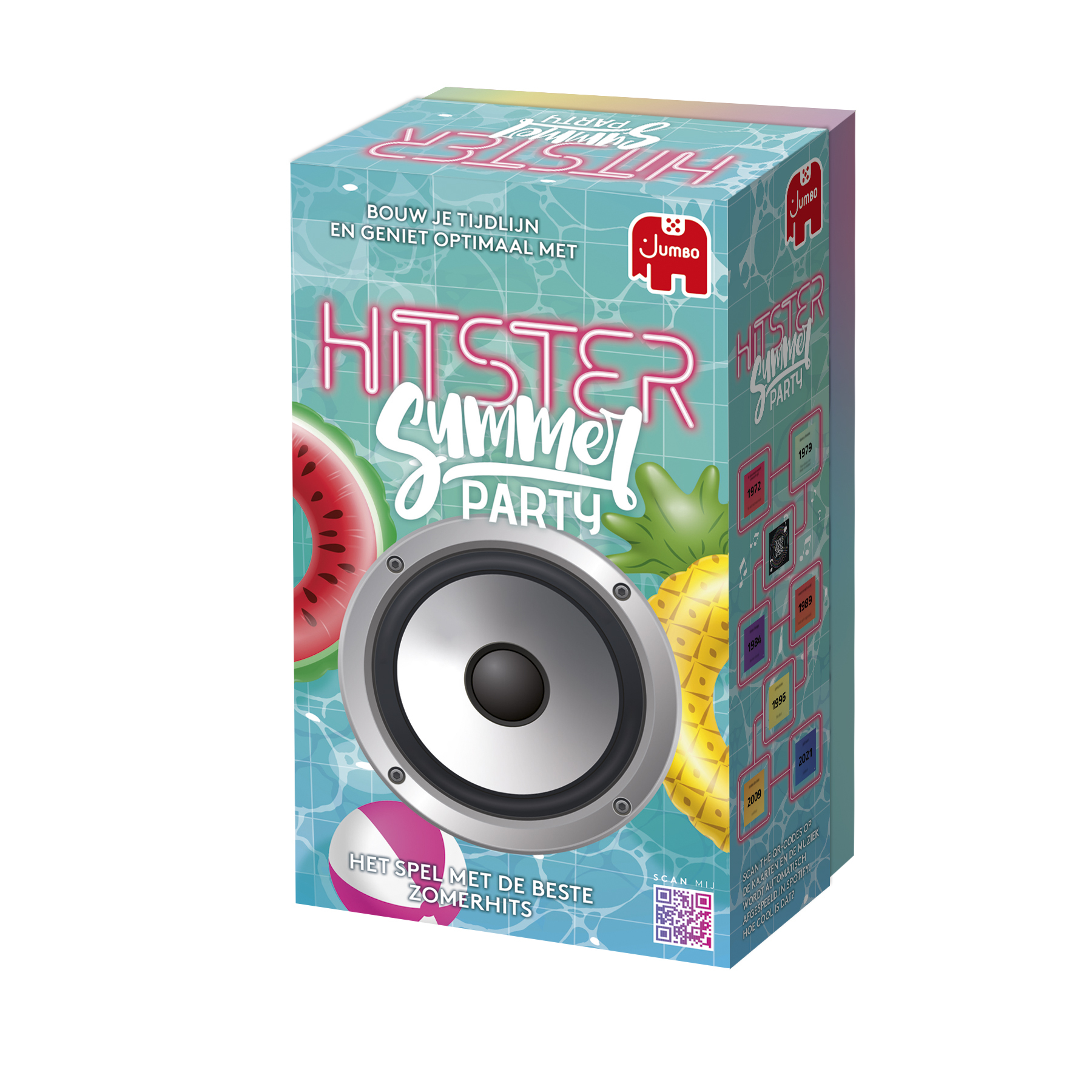 Box for the board game 'Hister Summer Party' with a speaker and fruit.