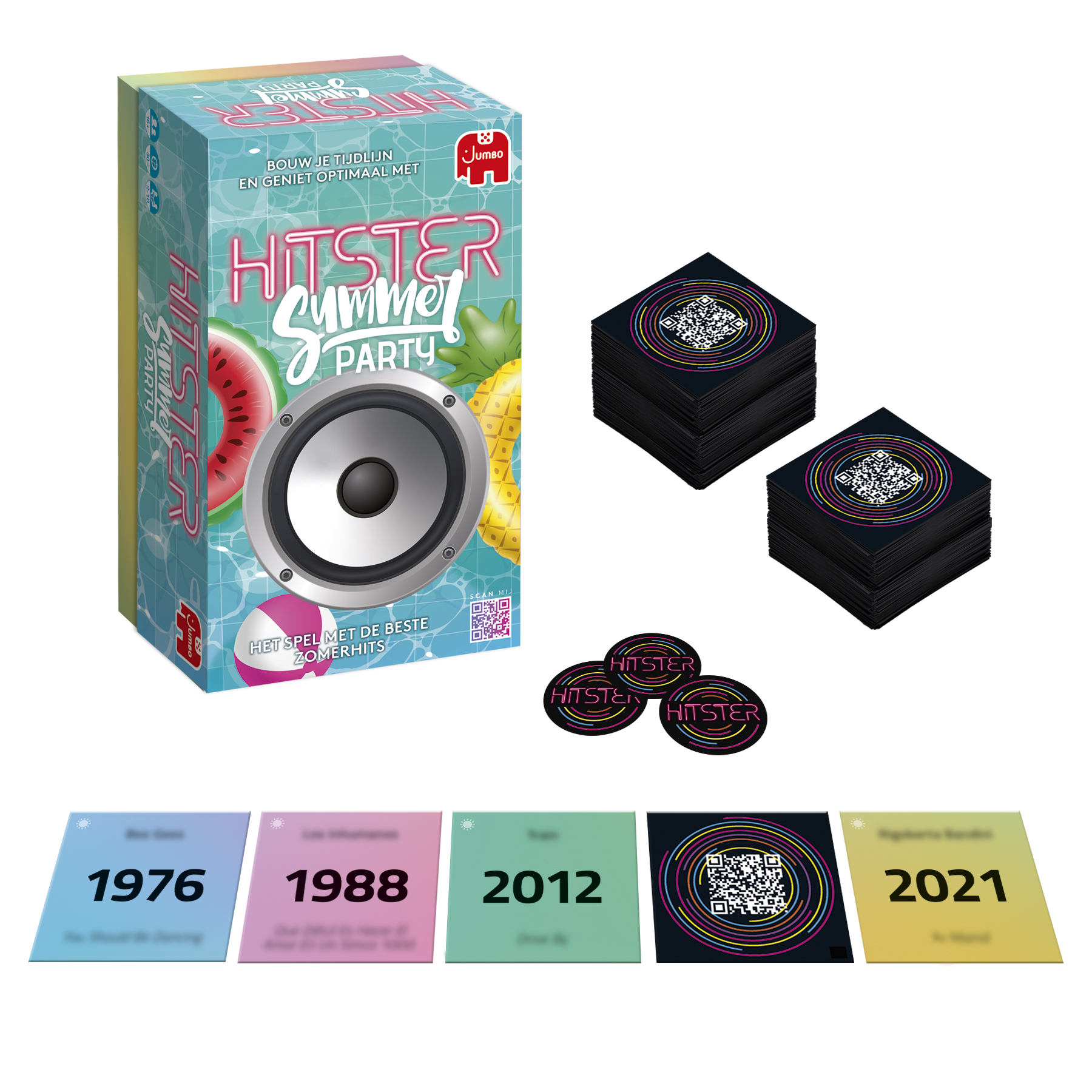 Box and cards for a board game called 'Hitster Summer Party', with album year cards.