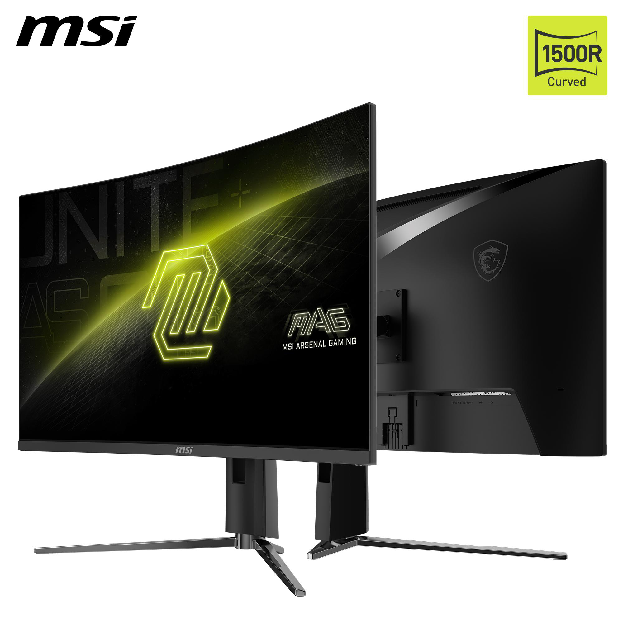 MSI Curved Gaming Monitor. Schwarz mit gelben Akzenten, zeigt ein Logo. Die Rückseite zeigt die Anschlüsse.