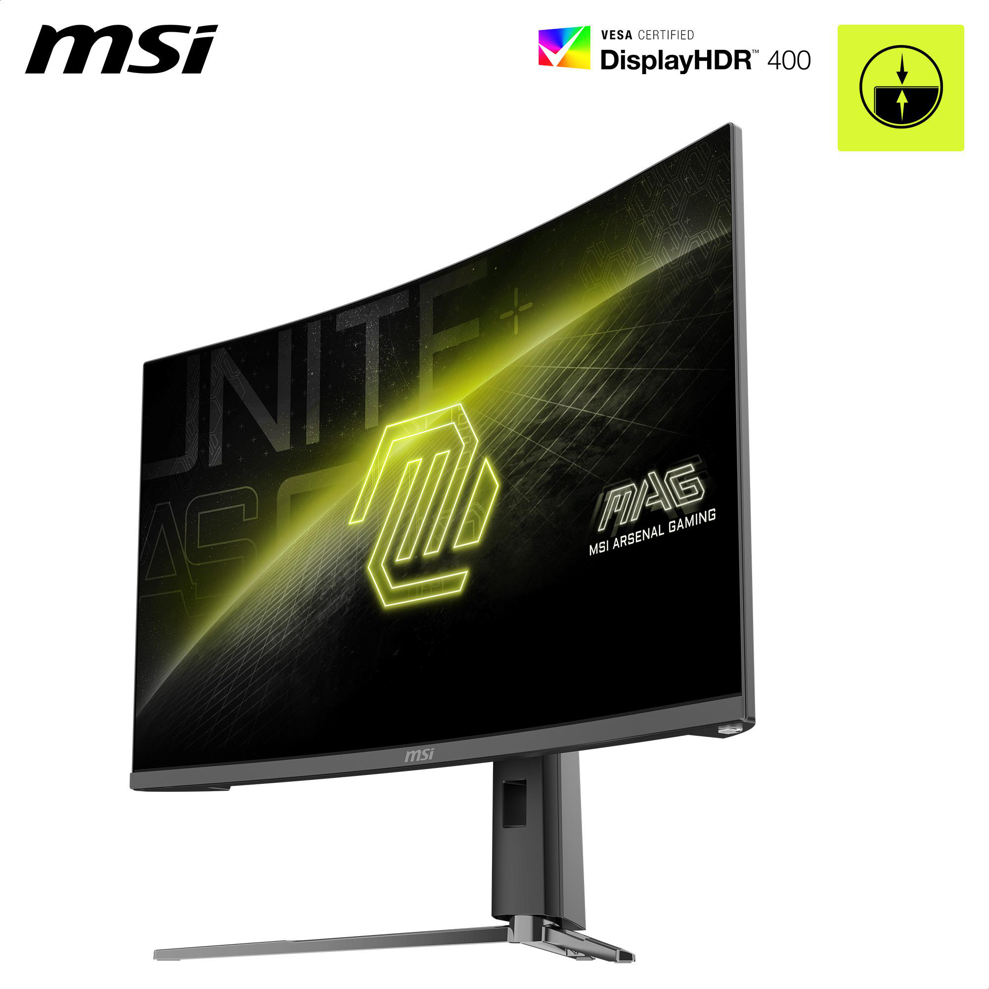 MSI Curved Gaming Monitor mit Logo. Der Monitor ist schwarz mit gelbem Design und Ständer.