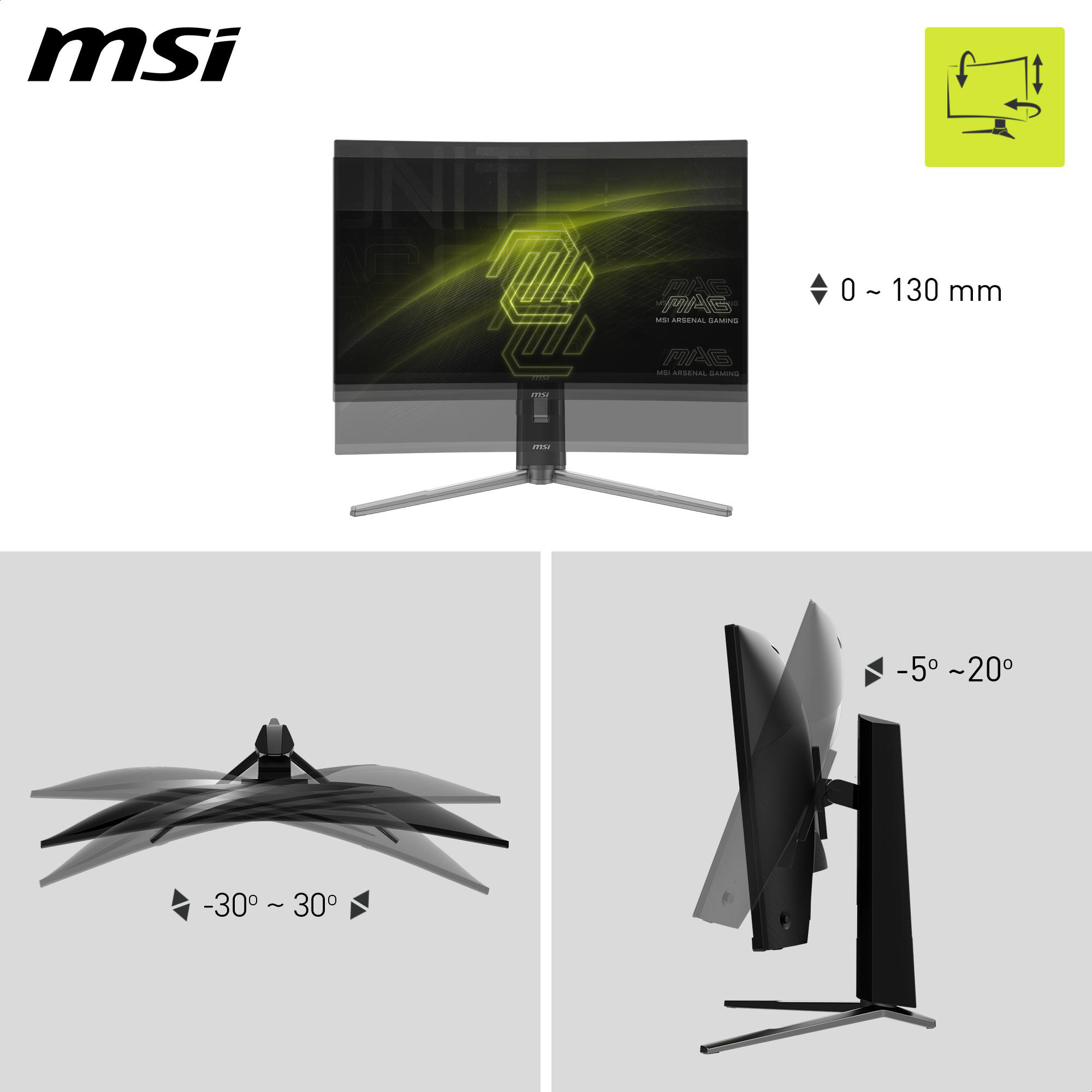 MSI-Monitor mit verschiedenen Winkeln, die Neigungs- und Höhenverstellung zeigen. Das MSI-Logo ist oben links.