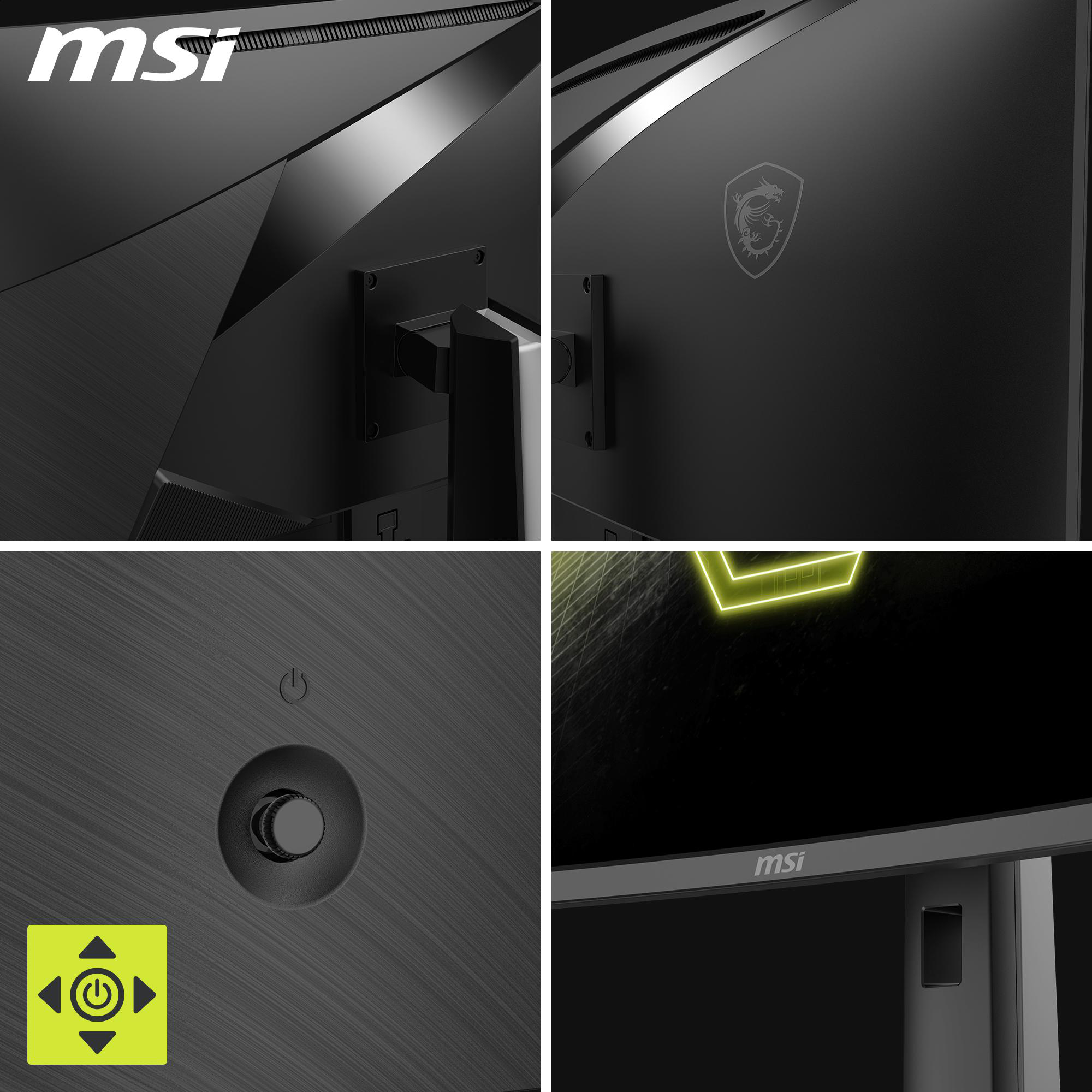 Nahaufnahme der MSI-Monitordetails, einschließlich Logo und Rückwand.