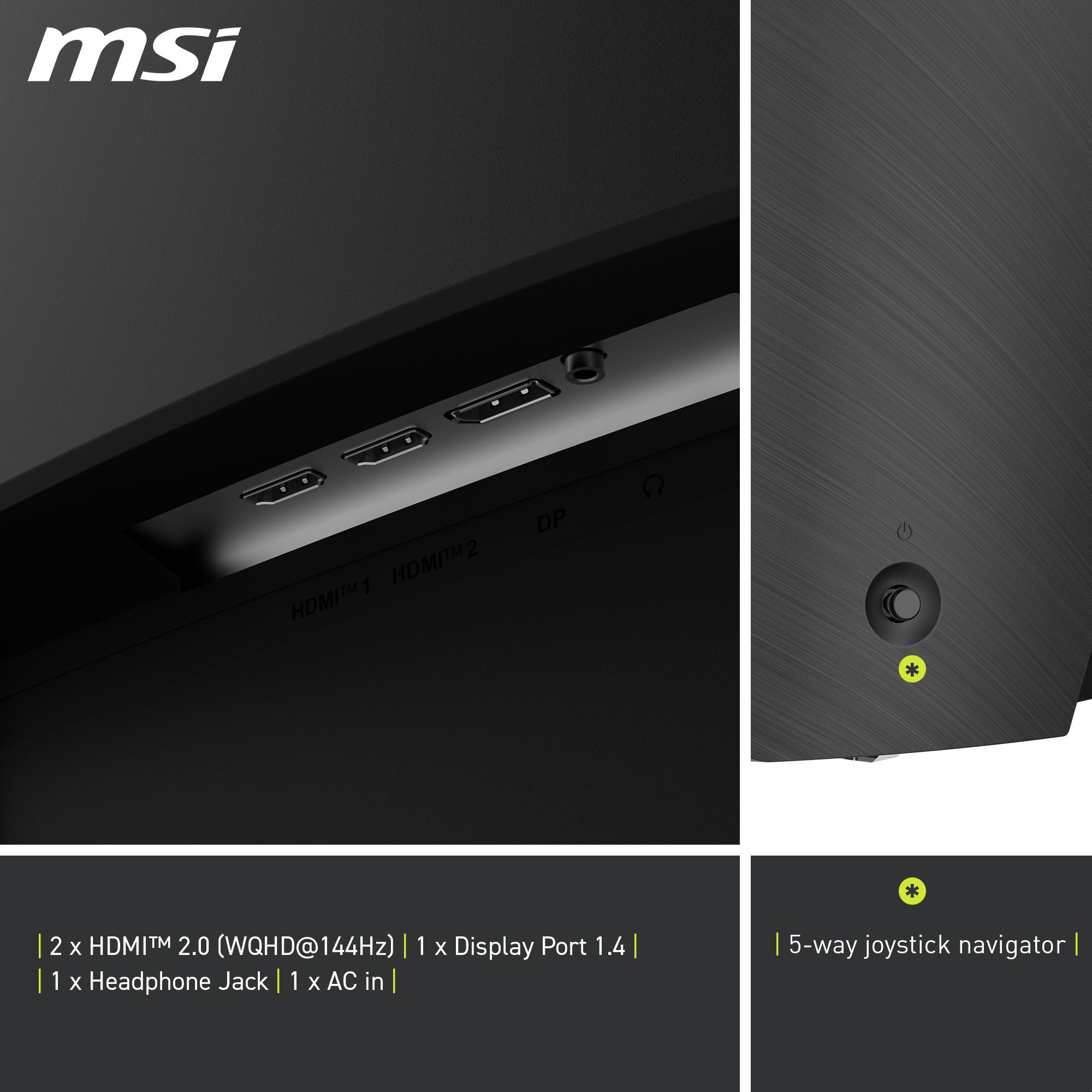 MSI-Monitor, der Anschlüsse und einen Joystick an seiner Seitenwand zeigt.