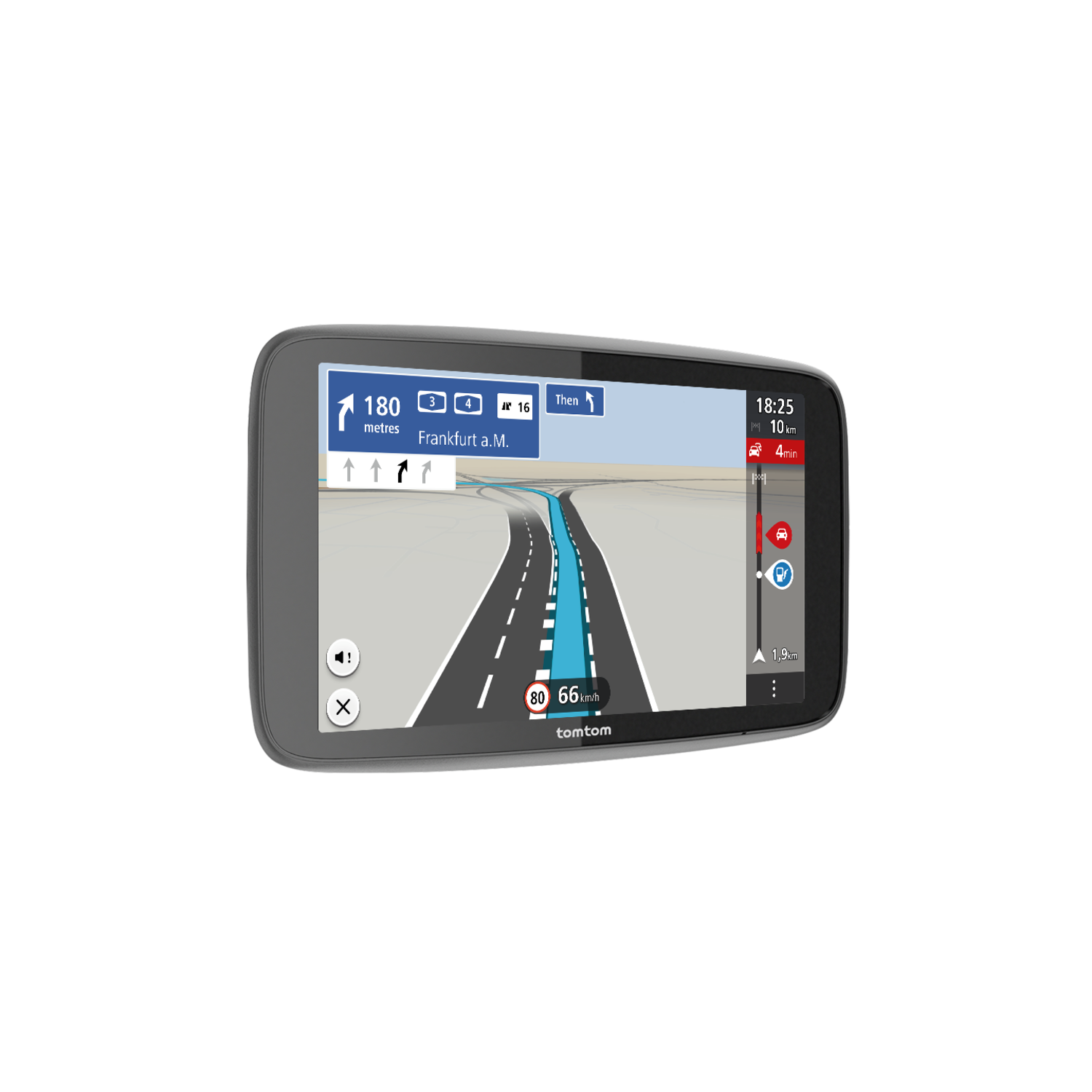 GPS-navigatieapparaat dat een wegenkaart met routeaanwijzingen weergeeft, grijze behuizing.