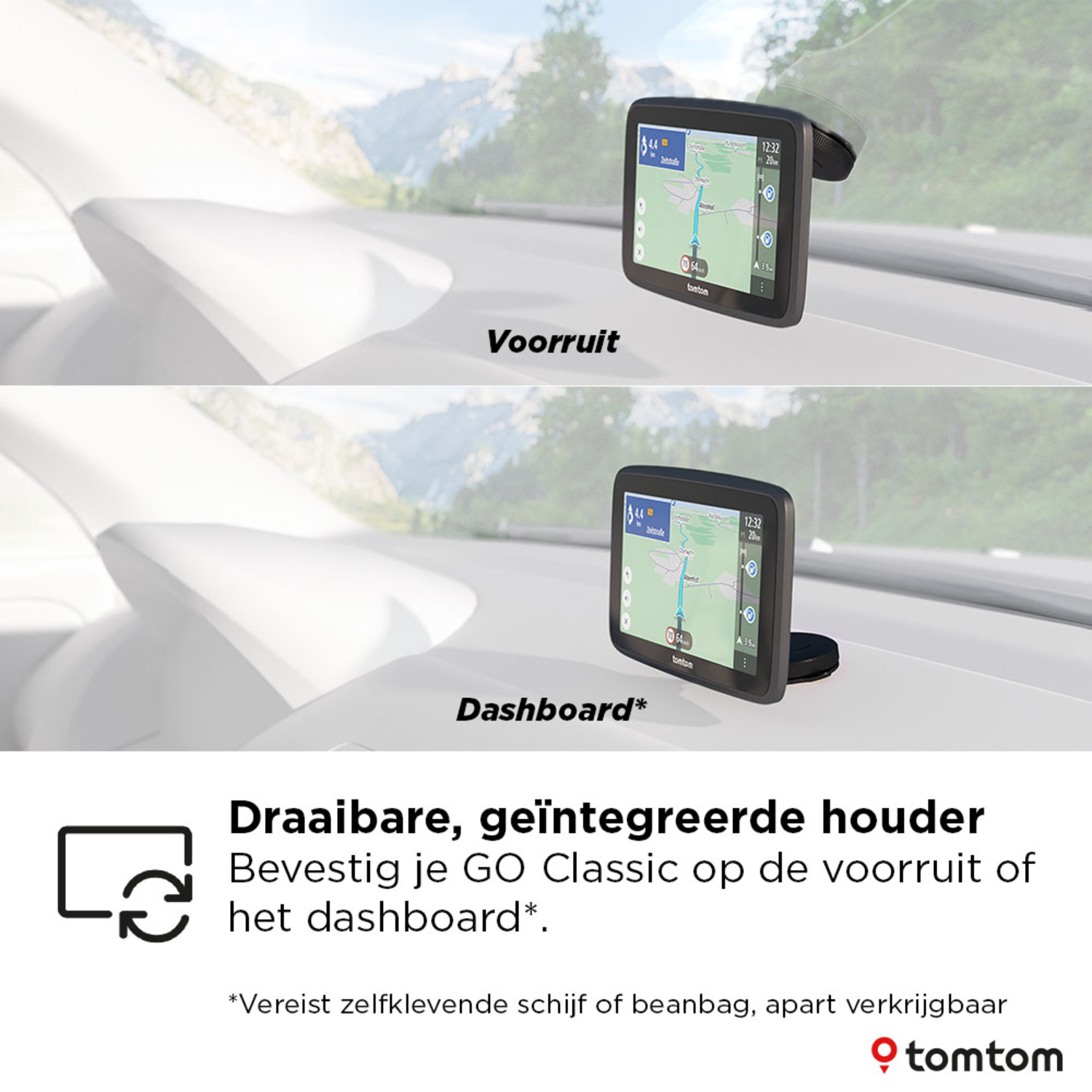 Twee afbeeldingen van een GPS-apparaat, gemonteerd op een voorruit en een dashboard, met tekst over de houder.