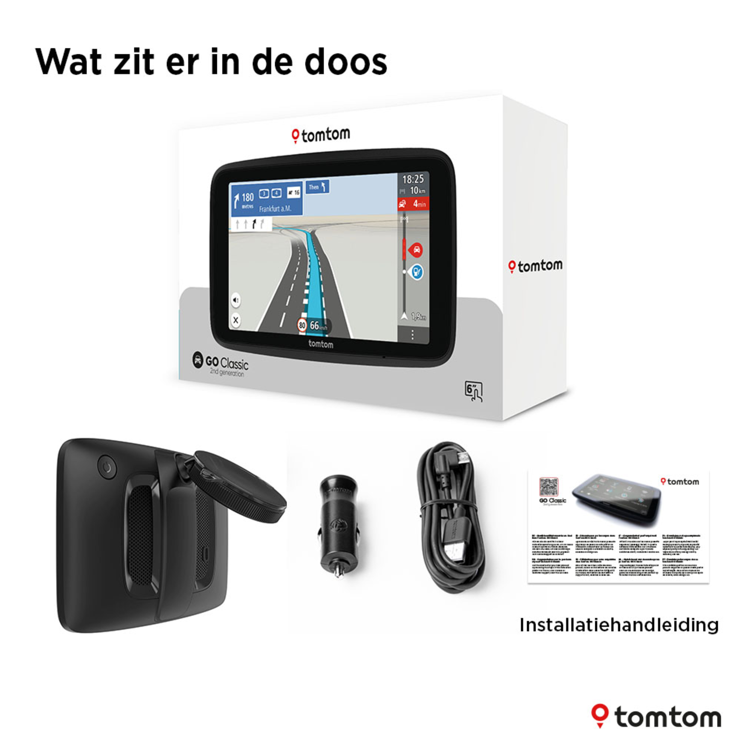 TomTom GPS device in box with accessories and installation guide.