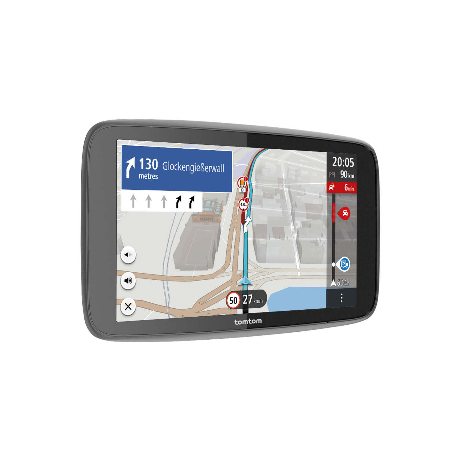 TomTom GPS device on a black background, showing a map with route, time, and speed information.