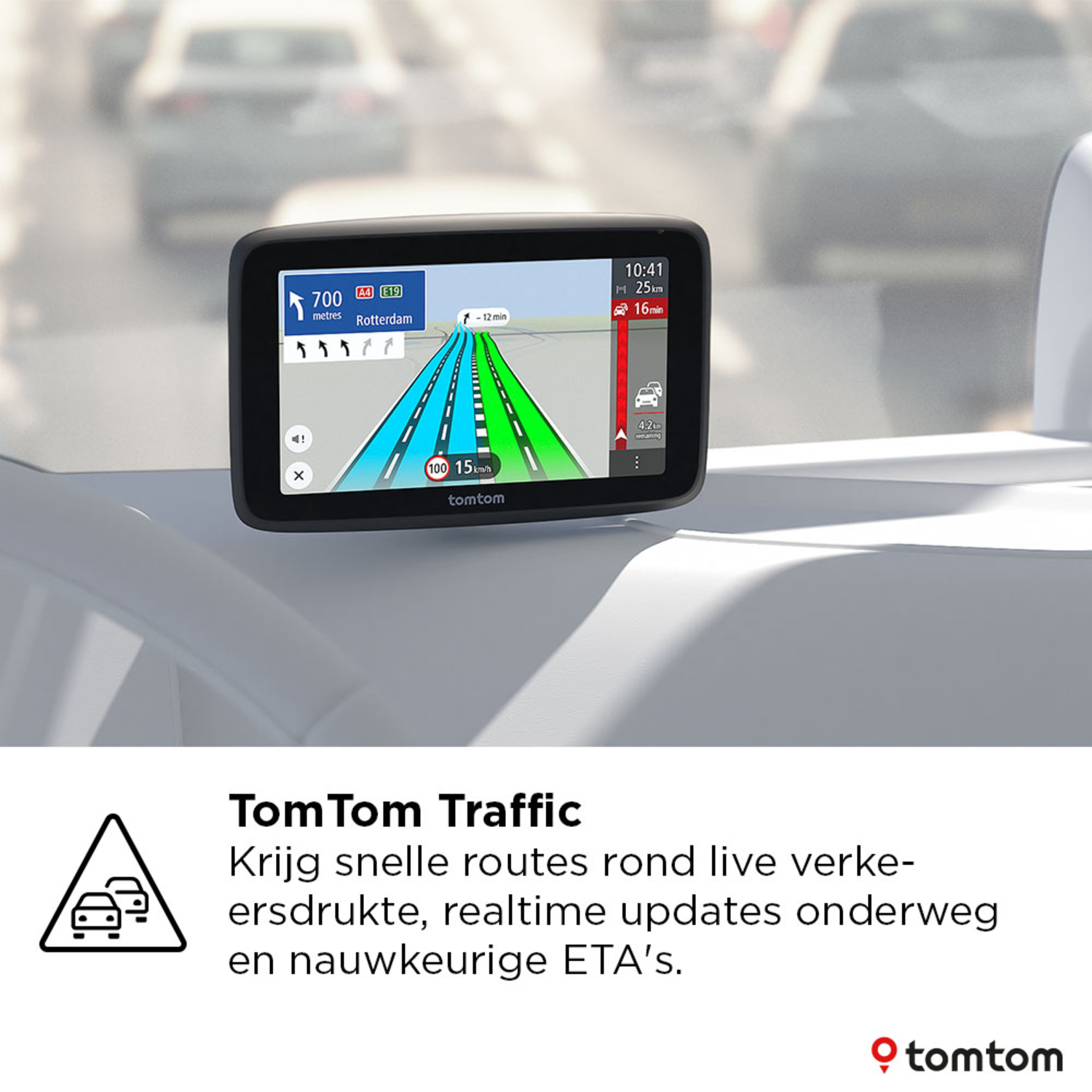 GPS device showing a road map, with cars in the background and a text below.