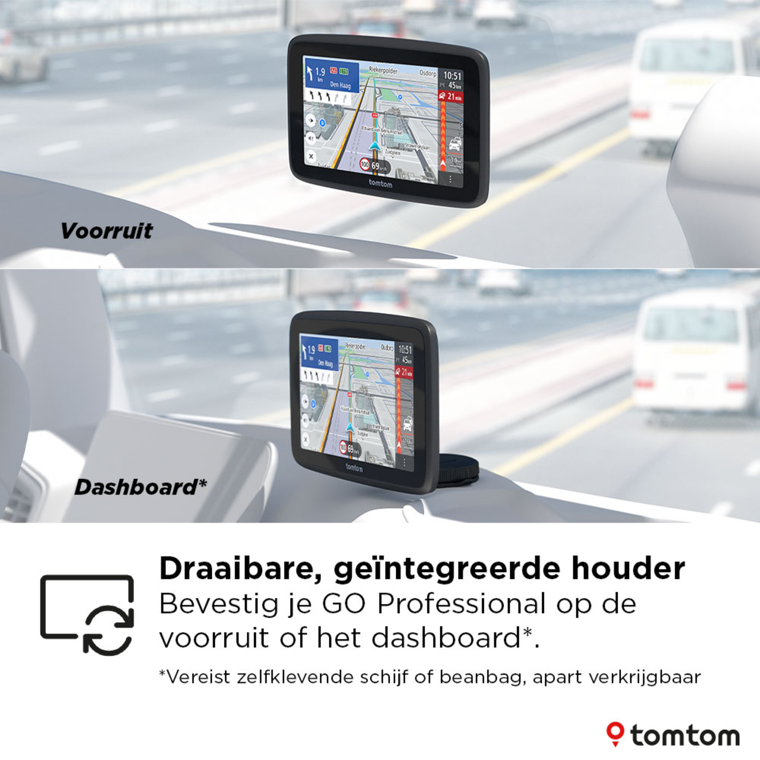 A navigation device mounted on a car dashboard and windshield. Text below in Dutch.
