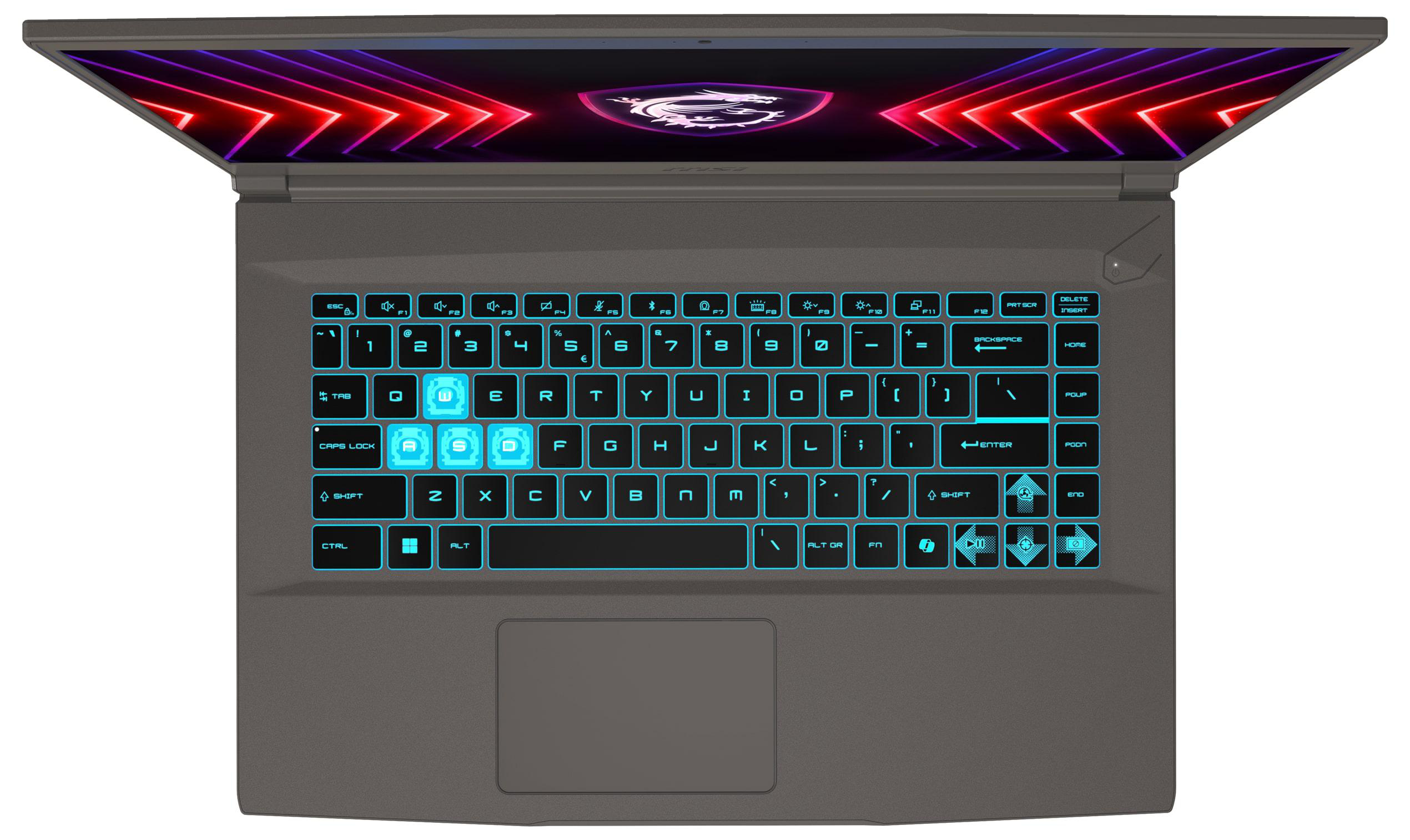 Grauer Laptop, offen, Draufsicht. Tastatur mit Hintergrundbeleuchtung, Touchpad und Bildschirm. MSI-Logo.