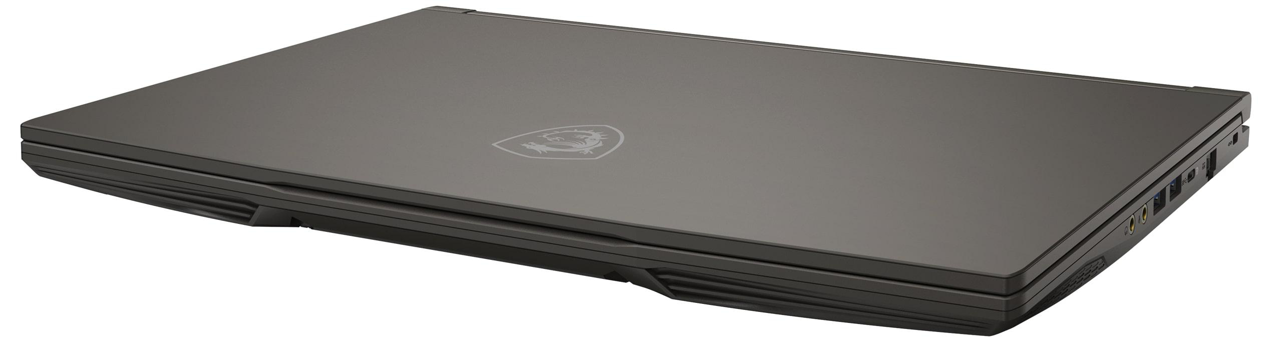 Geschlossener dunkelgrauer MSI-Laptop.