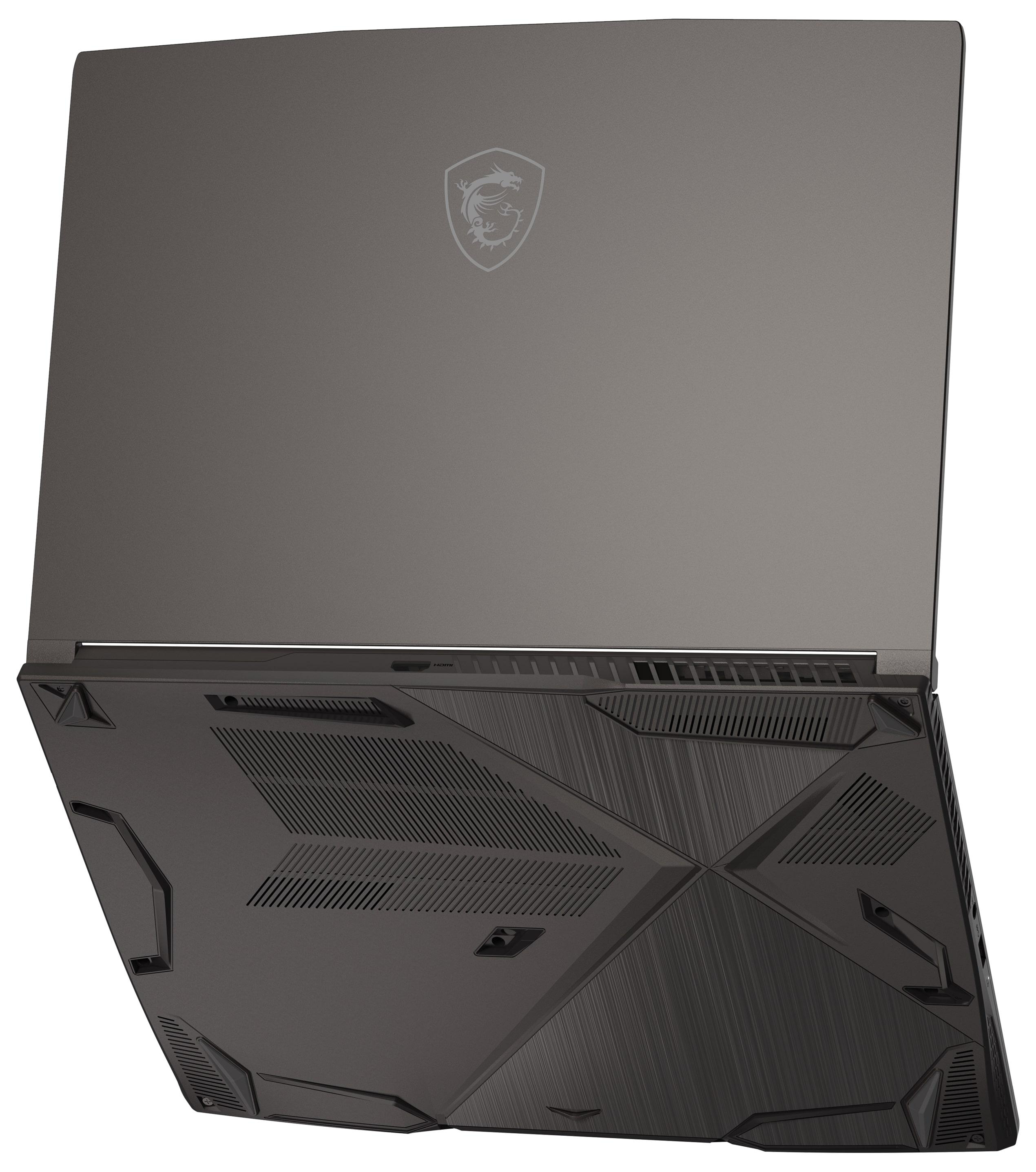 Ein schwarzer Laptop, von unten gesehen und nach oben abgewinkelt. Das MSI-Logo ist sichtbar.